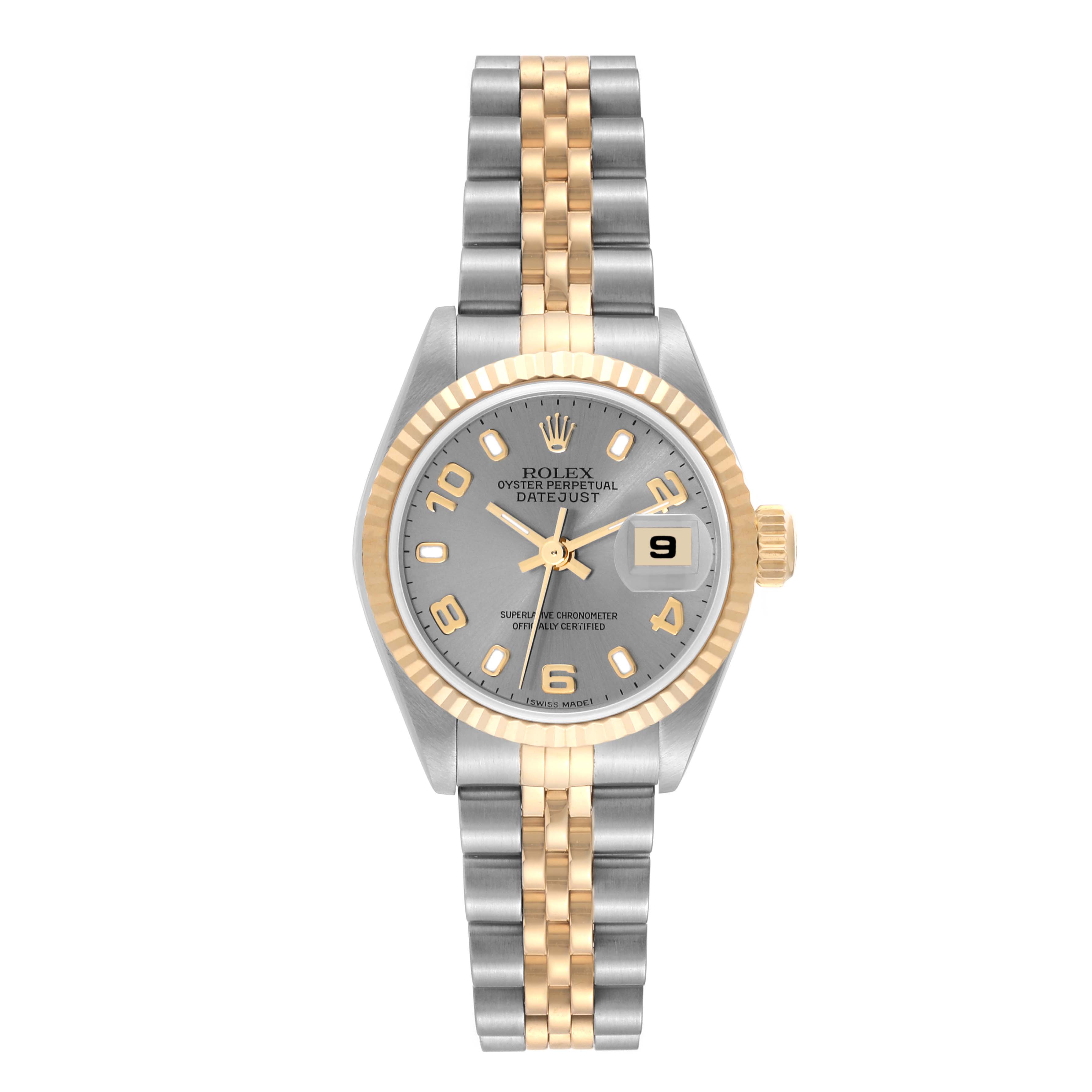 The image shows a frontal view of a Rolex Datejust 79173 Women's Steel and Gold (two tone) Grey Dial 79173 Women's Steel and Gold (two tone) Grey Dial watch, highlighting the dial, bezel, and bracelet.