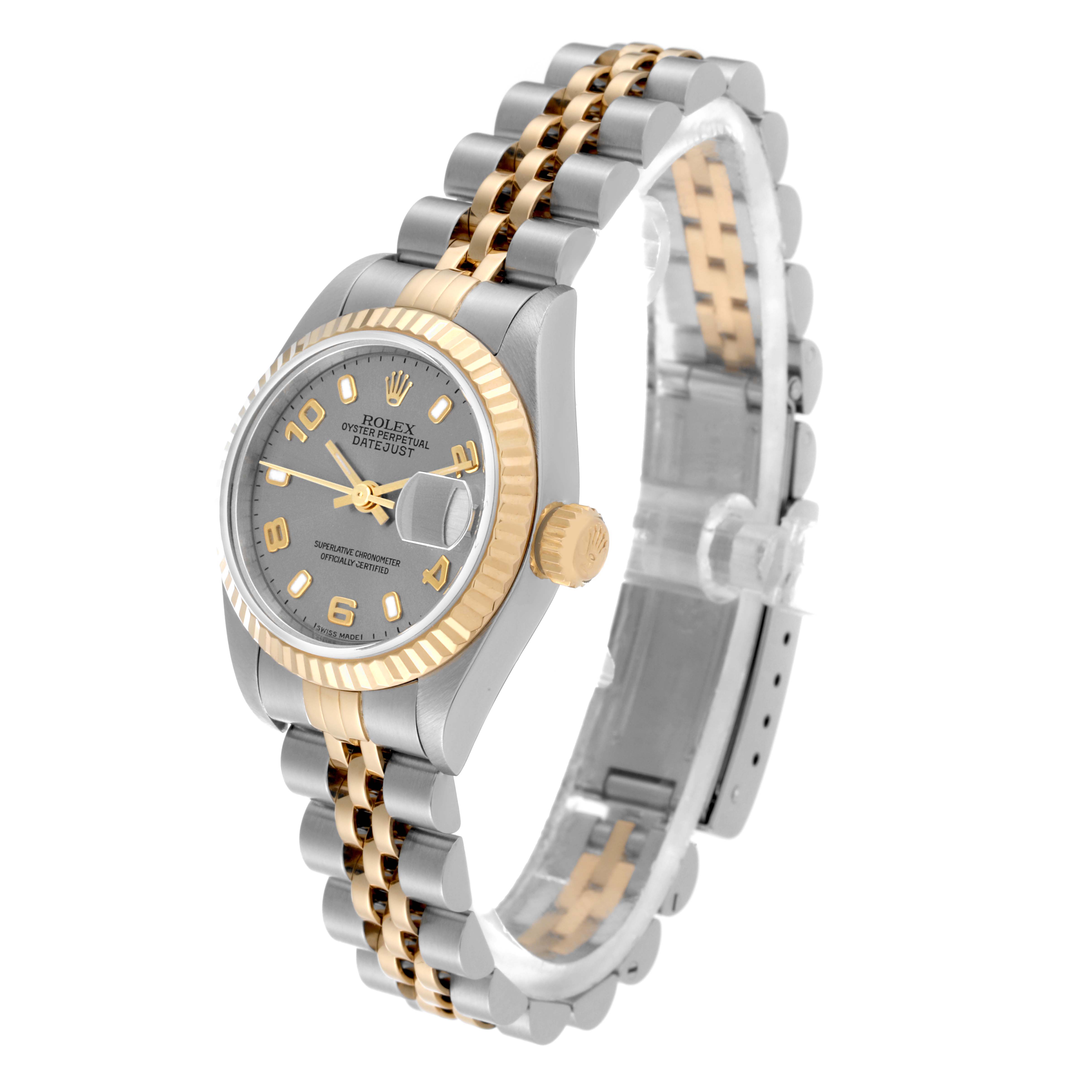 The image shows a side and angled view of a Rolex Datejust 79173 Women's Steel and Gold (two tone) Grey Dial 79173 Women's Steel and Gold (two tone) Grey Dial watch, highlighting its dial, bezel, crown, and bracelet.
