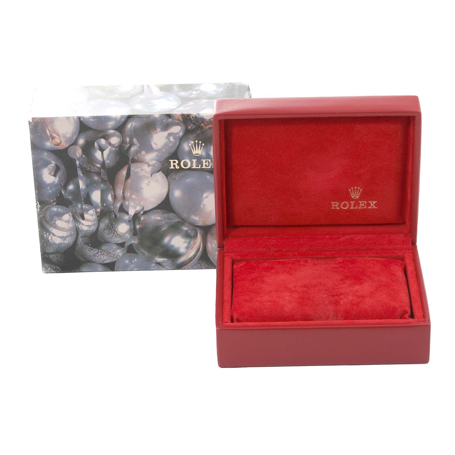 The image shows a Rolex Datejust 79173 Women's Steel and Gold (two tone) Grey Dial 79173 Women's Steel and Gold (two tone) Grey Dial watch box from the front, with a closed outer box and an open red interior.