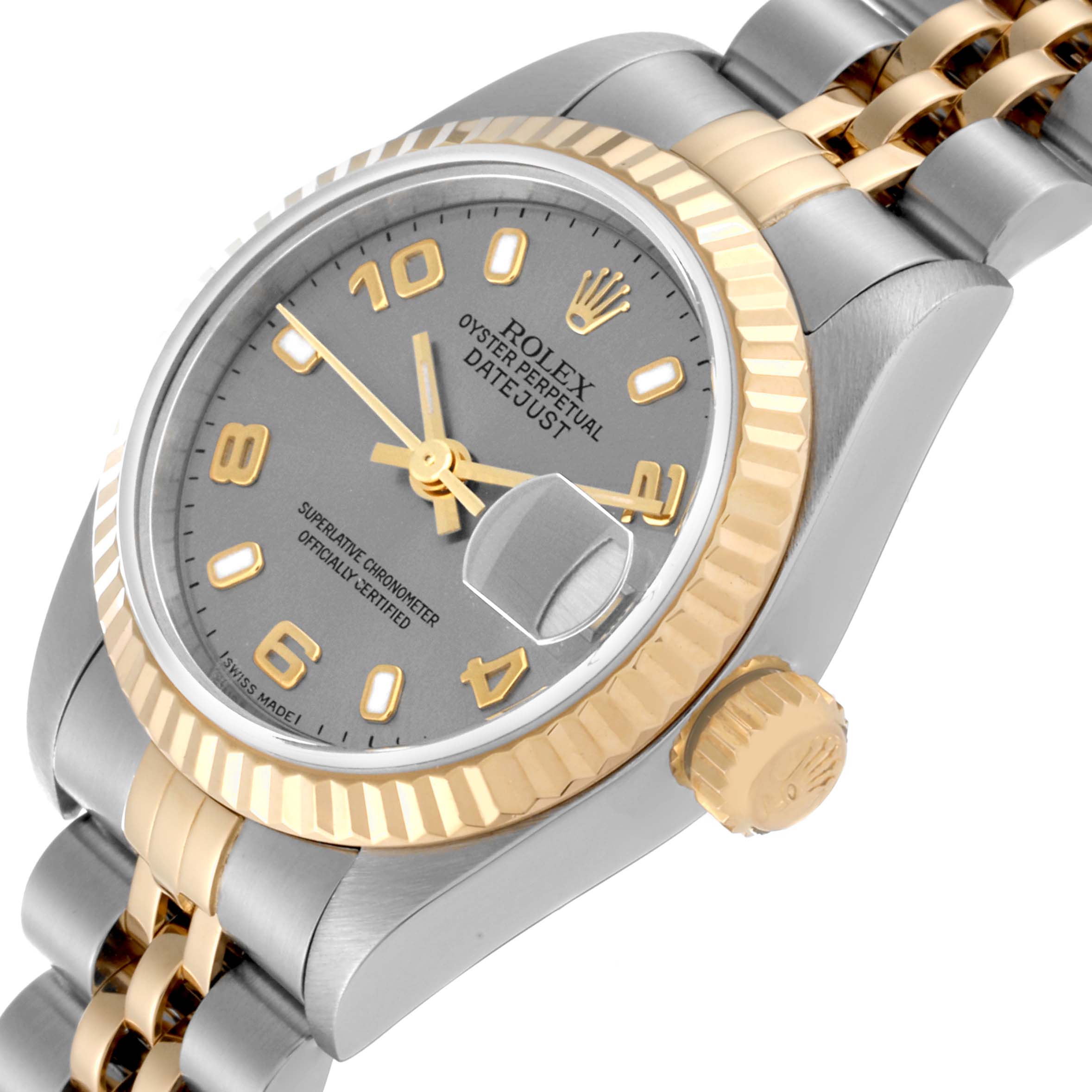This image shows a Rolex Datejust 79173 Women's Steel and Gold (two tone) Grey Dial 79173 Women's Steel and Gold (two tone) Grey Dial watch at a close-up angle, highlighting the face, bezel, and part of the bracelet.
