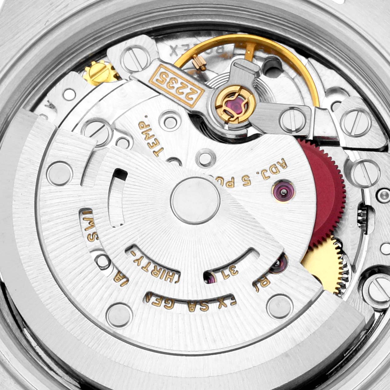 This close-up view shows the intricate internal mechanism of the Rolex Datejust 79173 Women's Steel and Gold (two tone) Grey Dial 79173 Women's Steel and Gold (two tone) Grey Dial watch.