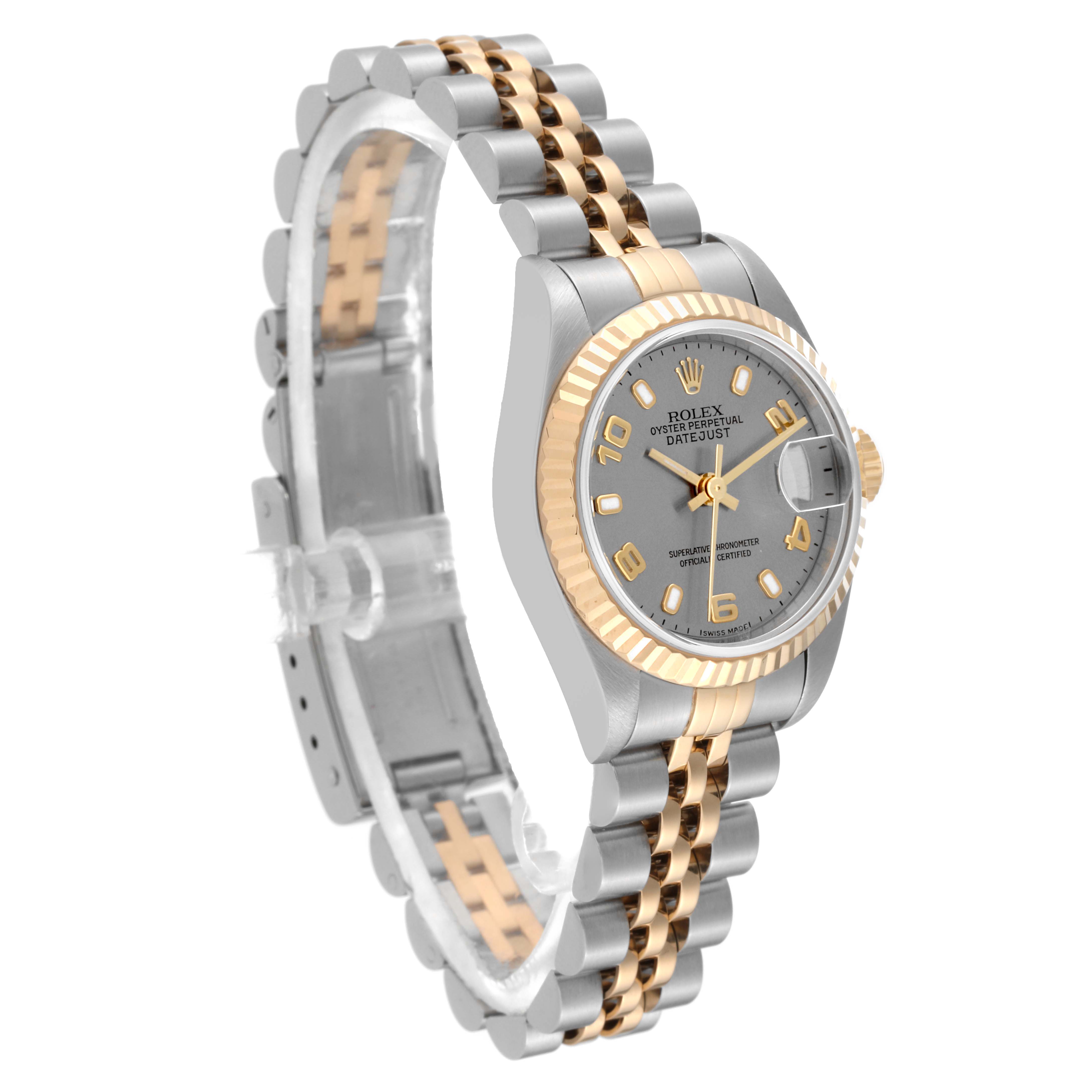 The image shows a Rolex Datejust 79173 Women's Steel and Gold (two tone) Grey Dial 79173 Women's Steel and Gold (two tone) Grey Dial watch at a three-quarter angle, highlighting the two-tone band, face, and fluted bezel.