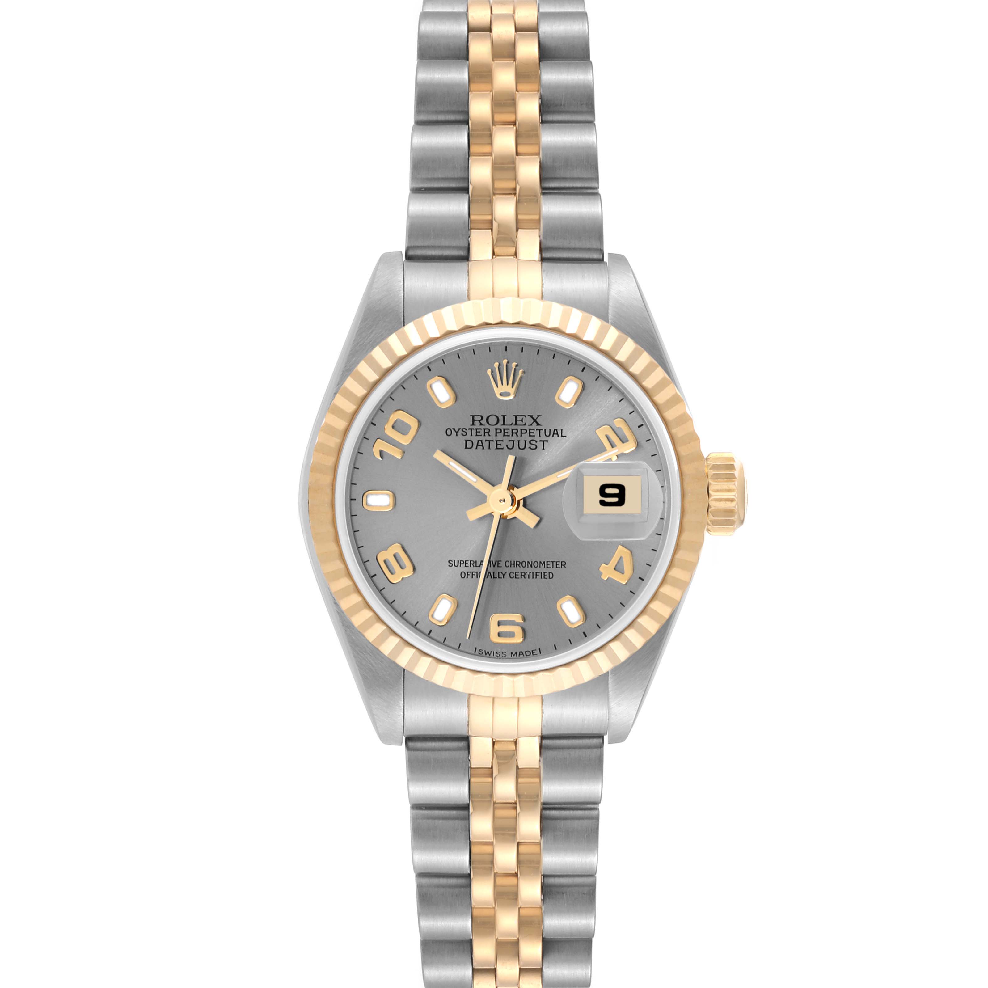 This image shows a Rolex Datejust 79173 Women's Steel and Gold (two tone) Grey Dial 79173 Women's Steel and Gold (two tone) Grey Dial watch from the front, highlighting the face, bezel, and two-tone bracelet.