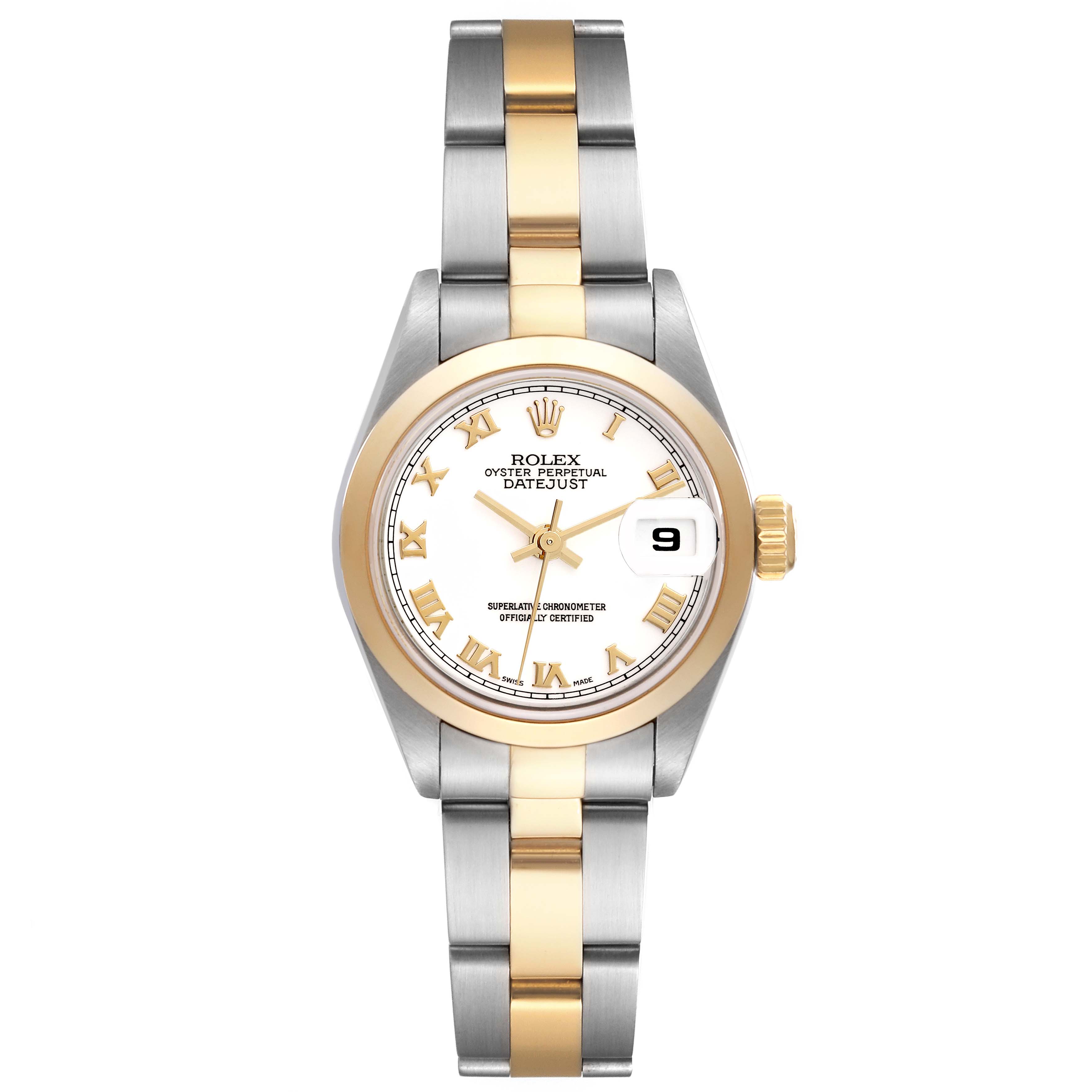 This image shows a front view of the Rolex Datejust 79163 Women's Steel and Gold (two tone) White Dial 79163 Women's Steel and Gold (two tone) White Dial model, highlighting the face, bezel, and bracelet.