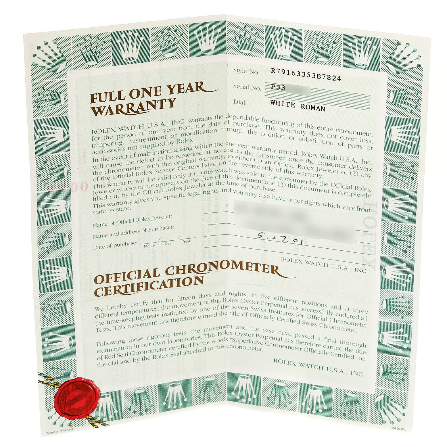 This image shows the official warranty and chronometer certification for a Rolex Datejust 79163 Women's Steel and Gold (two tone) White Dial 79163 Women's Steel and Gold (two tone) White Dial watch.