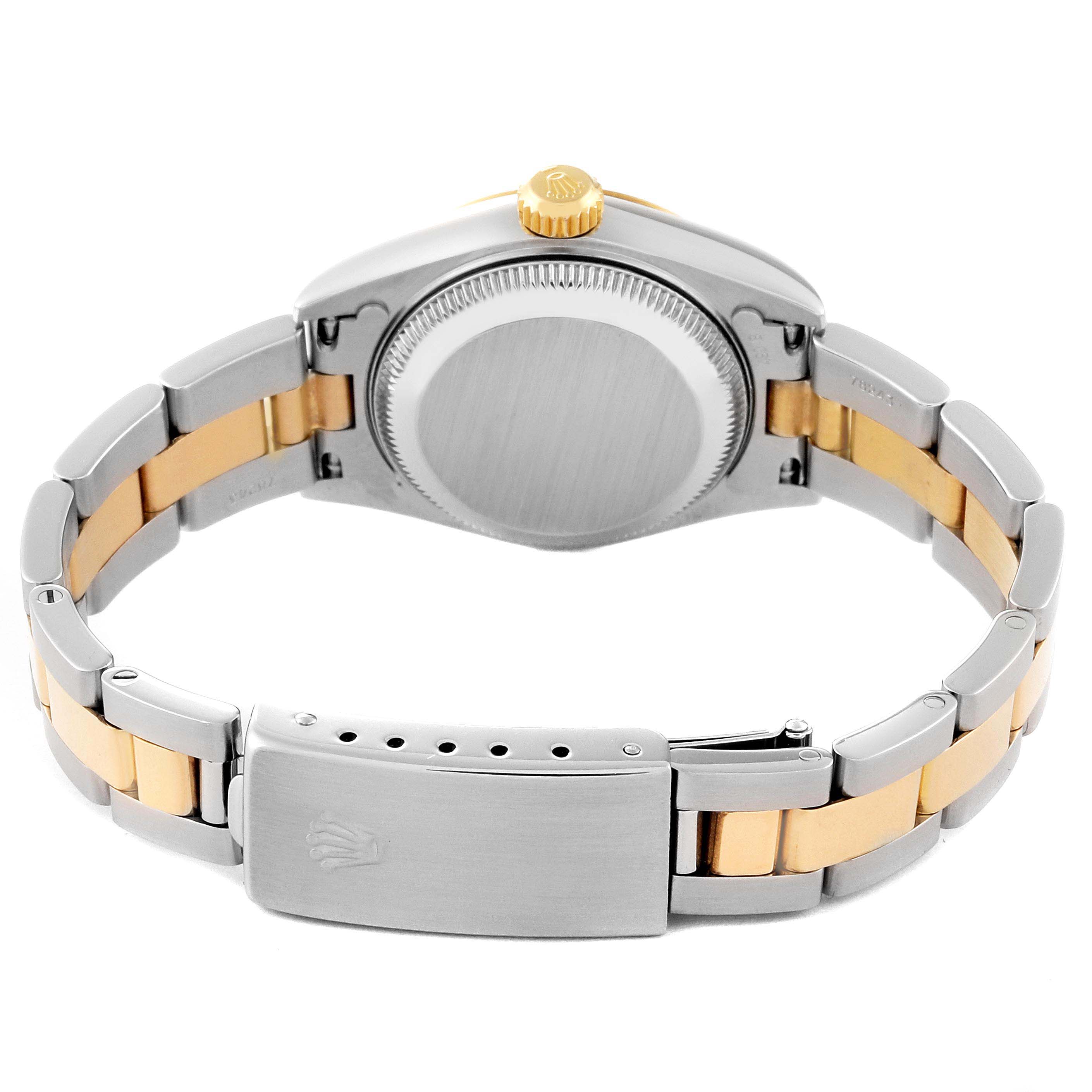 This image shows the back view of a Rolex Datejust 79163 Women's Steel and Gold (two tone) White Dial 79163 Women's Steel and Gold (two tone) White Dial watch, highlighting its case back, crown, and two-tone bracelet with clasp.