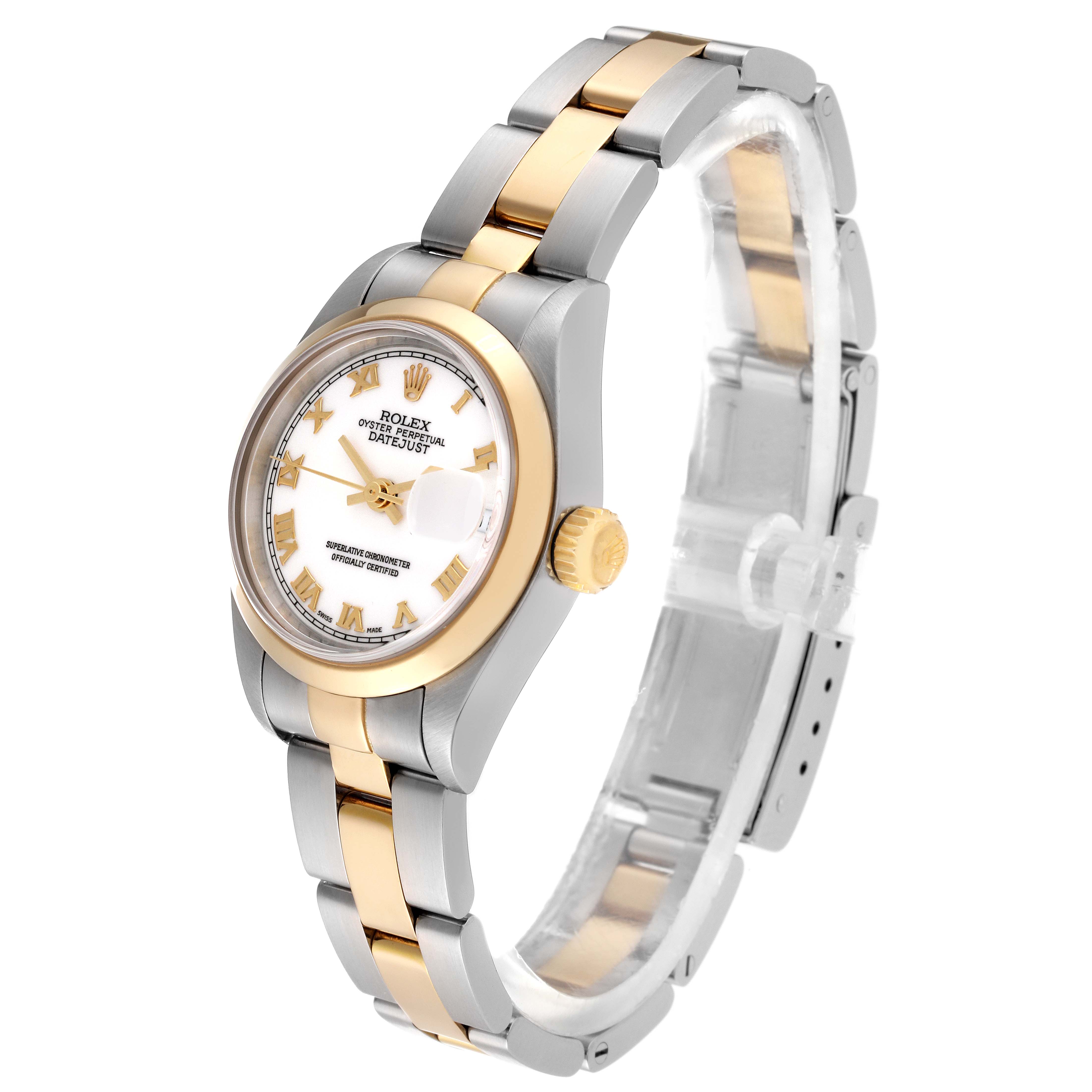 The image shows a Rolex Datejust 79163 Women's Steel and Gold (two tone) White Dial 79163 Women's Steel and Gold (two tone) White Dial watch at a three-quarter angle, highlighting its two-tone bracelet, face, and crown.
