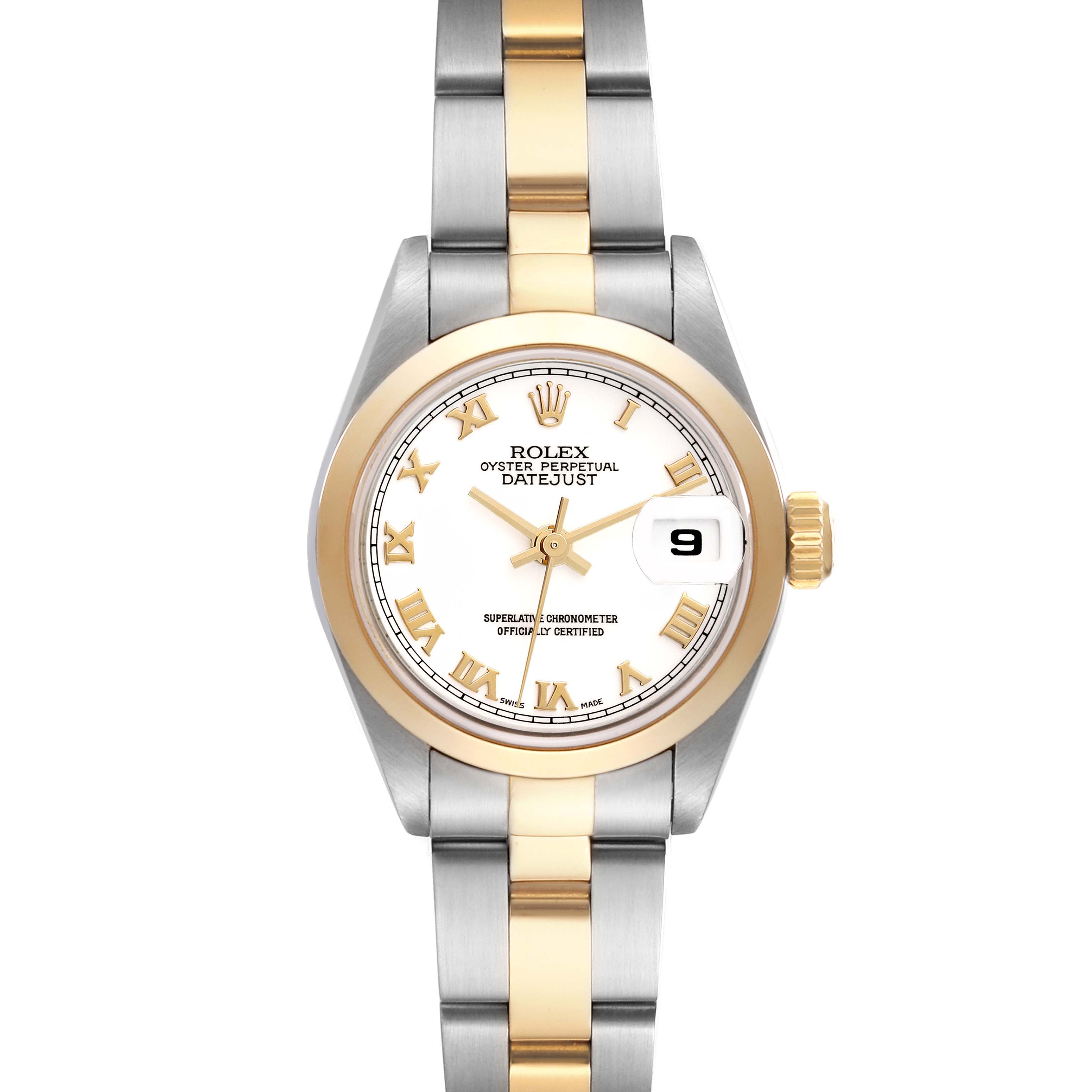 The image shows a front view of a Rolex Datejust 79163 Women's Steel and Gold (two tone) White Dial 79163 Women's Steel and Gold (two tone) White Dial watch with a two-tone metal bracelet and a white dial with gold Roman numerals.