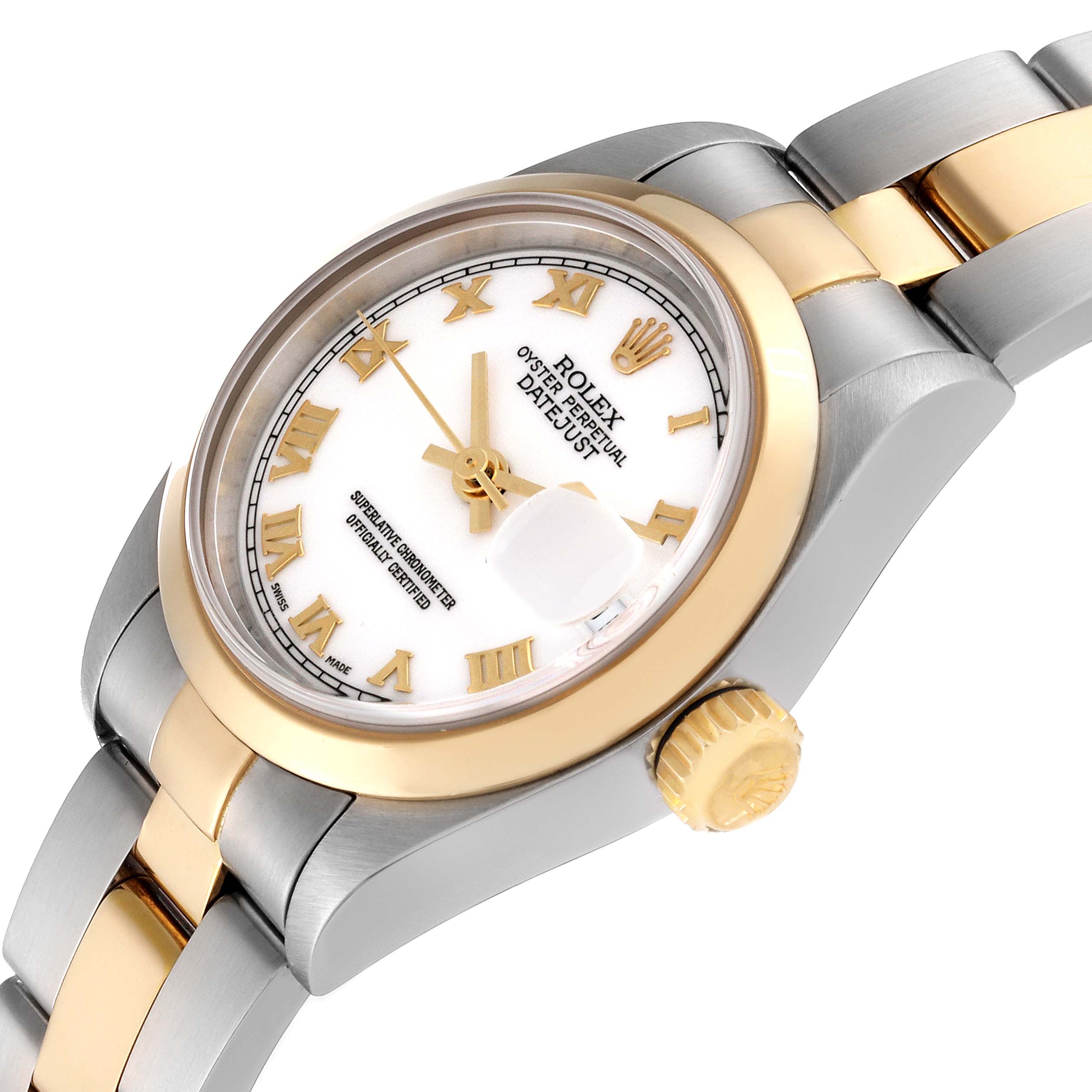 The image shows a close-up of a Rolex Datejust 79163 Women's Steel and Gold (two tone) White Dial 79163 Women's Steel and Gold (two tone) White Dial watch at an angle, highlighting the dial, bezel, and partial bracelet.