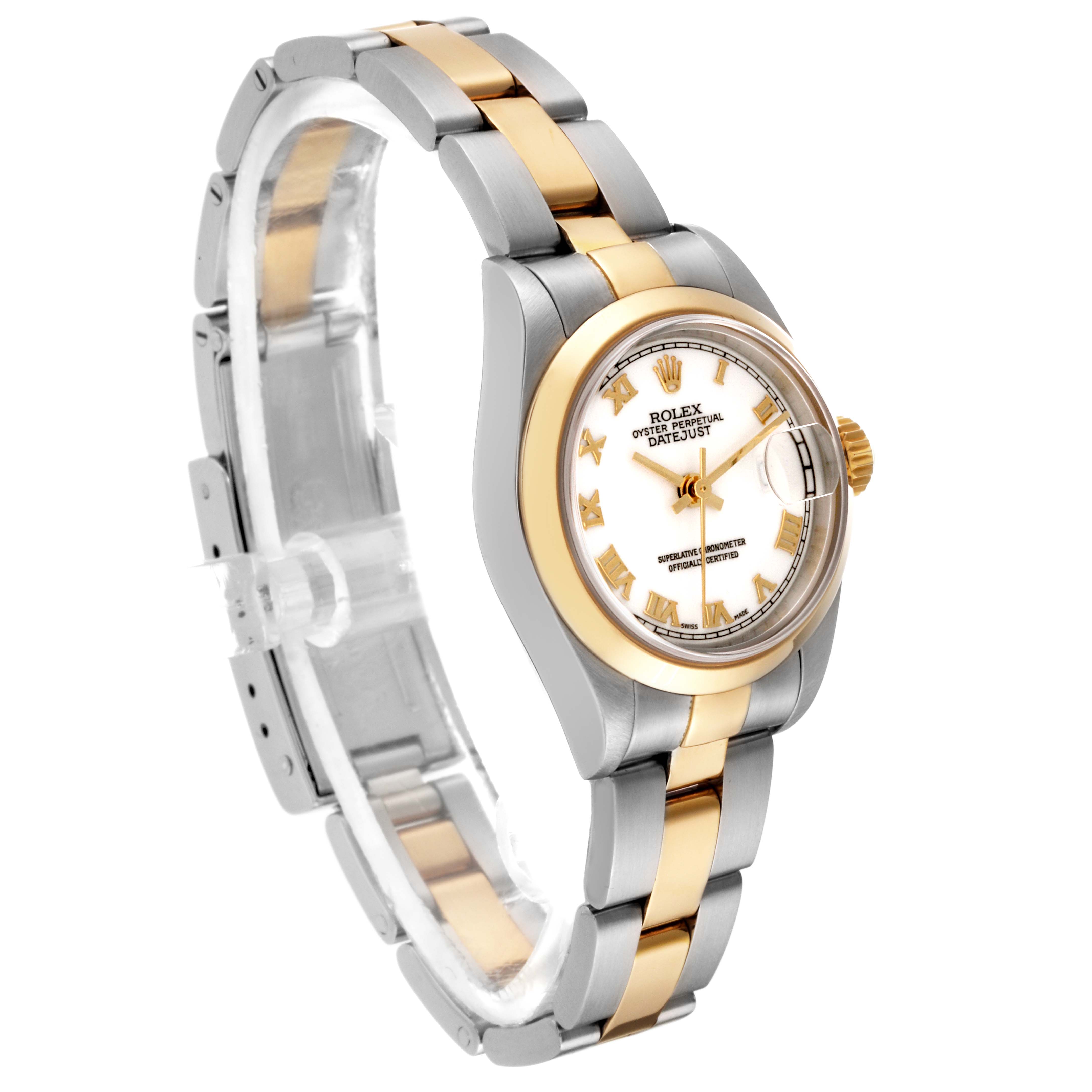 This image shows a Rolex Datejust 79163 Women's Steel and Gold (two tone) White Dial 79163 Women's Steel and Gold (two tone) White Dial watch at a slight angle, focusing on the dial, bezel, and bracelet.