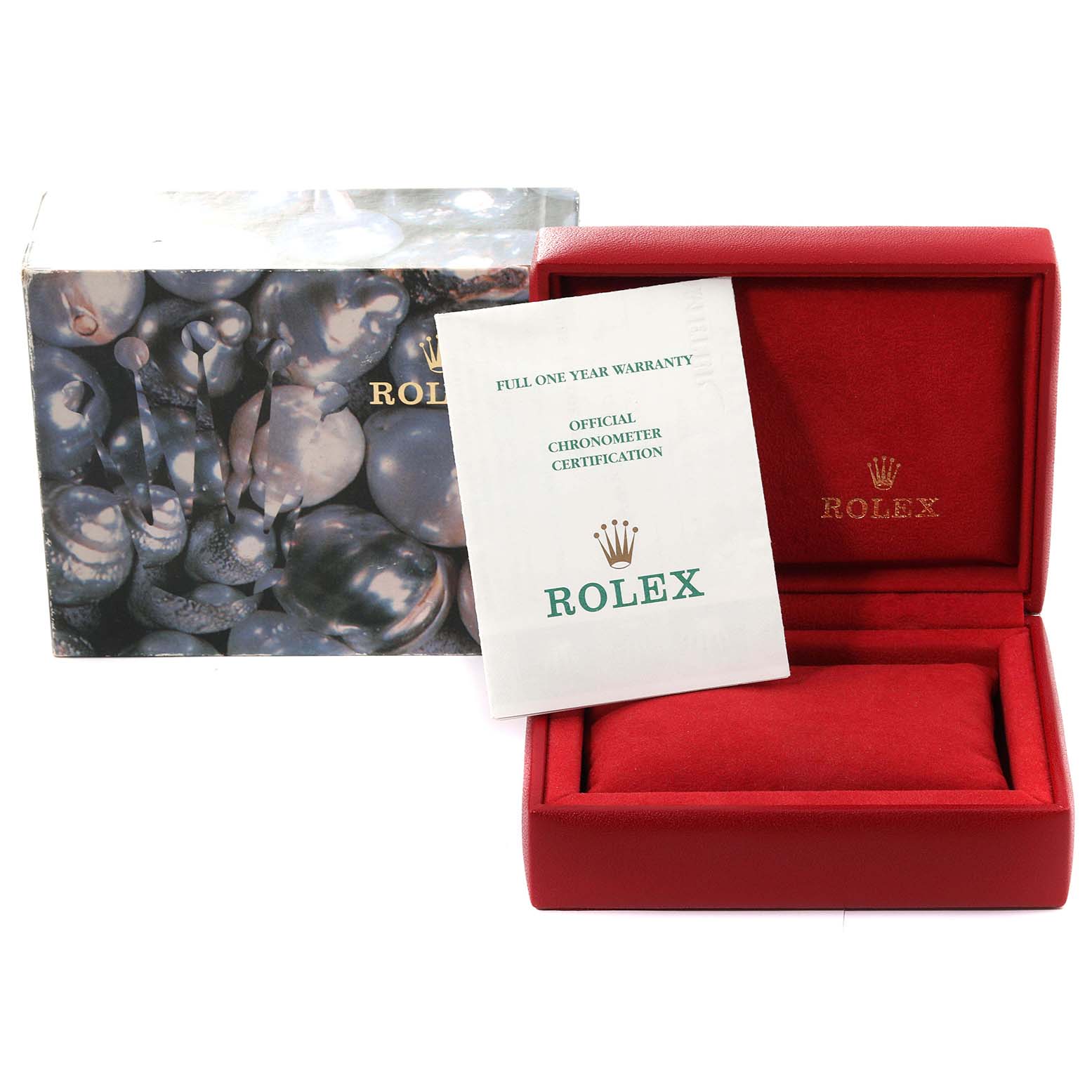 The image shows an empty Rolex Datejust 79163 Women's Steel and Gold (two tone) White Dial 79163 Women's Steel and Gold (two tone) White Dial watch box, warranty card, and outer packaging from a front angle.