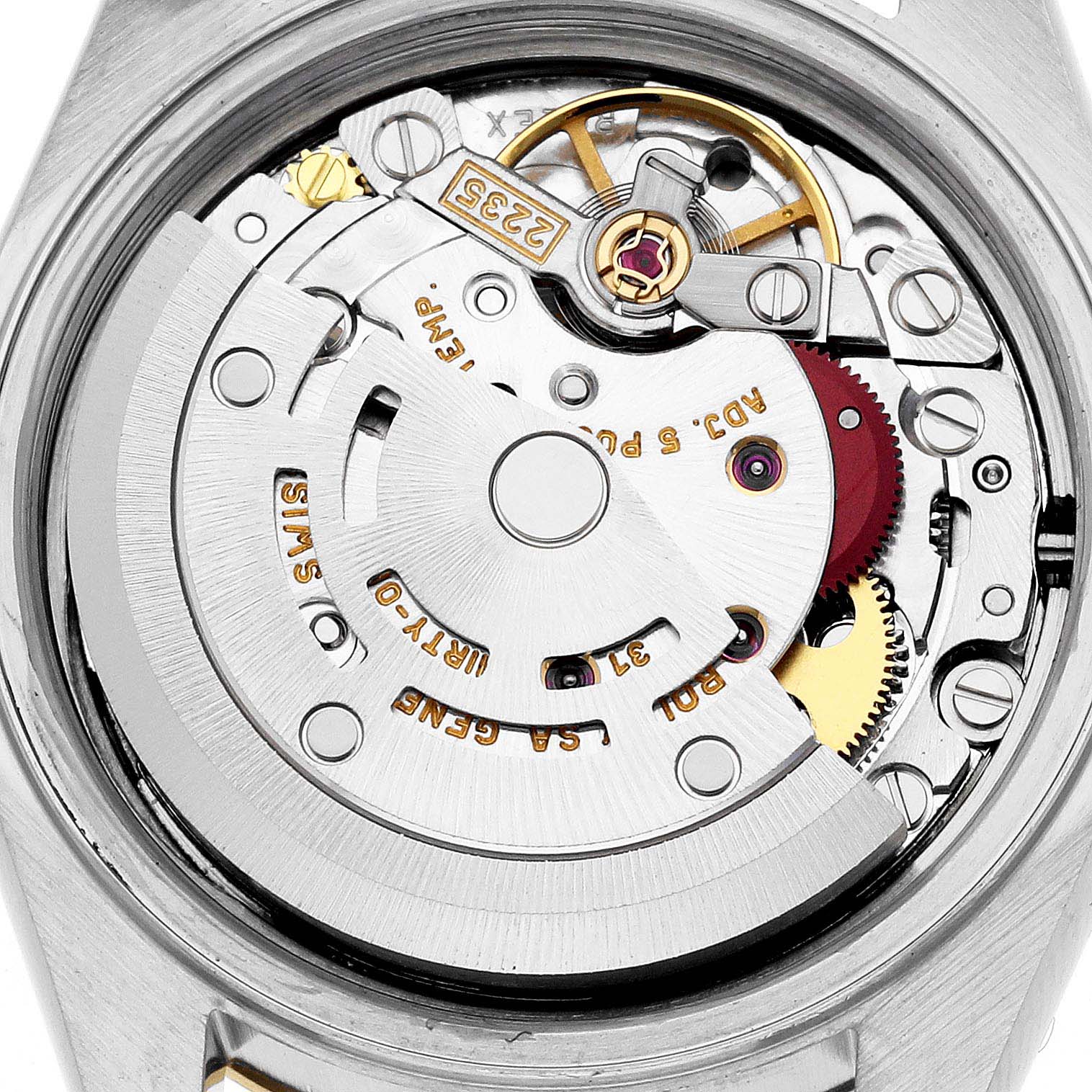 This image shows the exposed movement and internal mechanics of a Rolex Datejust 79163 Women's Steel and Gold (two tone) White Dial 79163 Women's Steel and Gold (two tone) White Dial watch from a close-up, top-down angle.