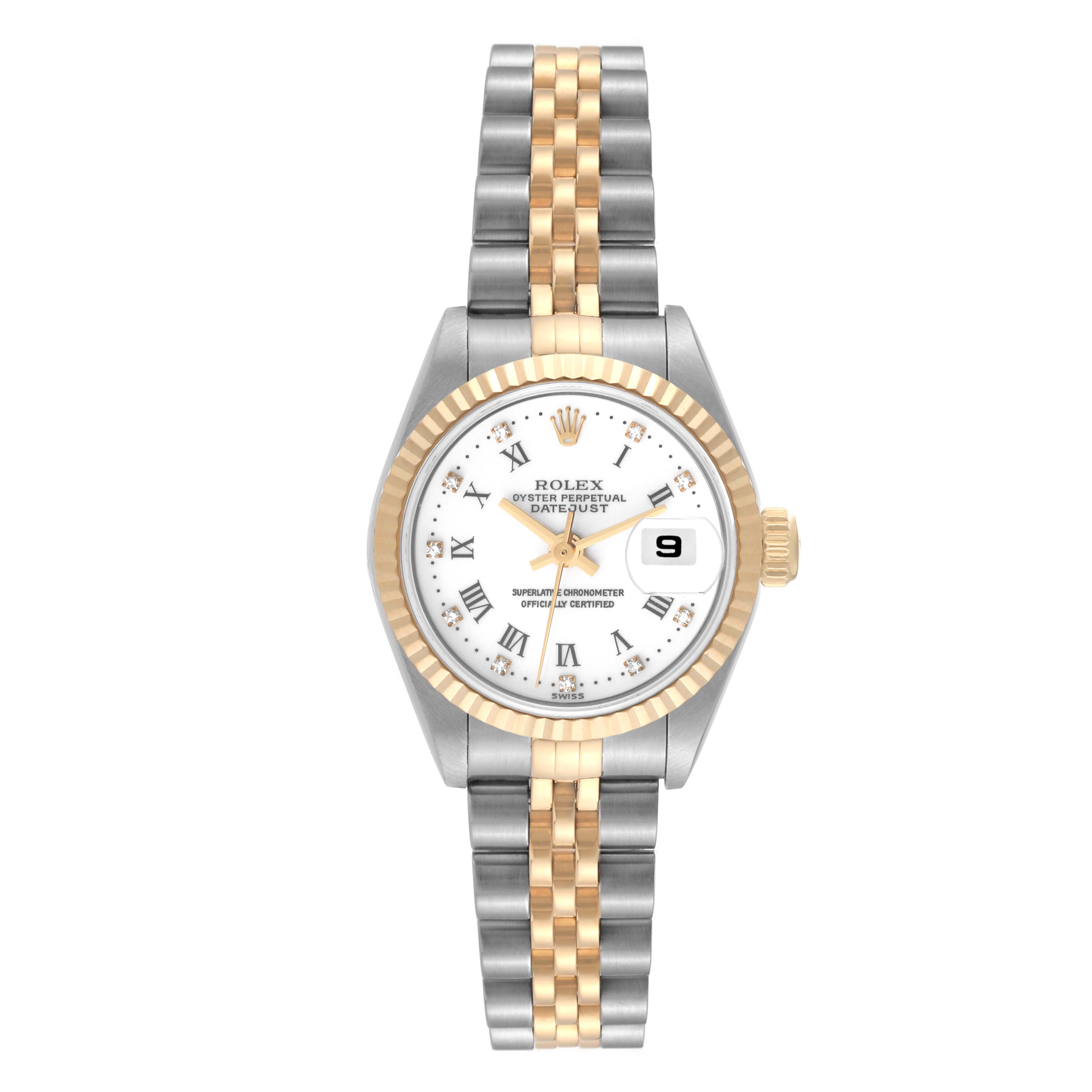The image shows a front view of a Rolex Datejust 79173 Women's Steel and Gold (two tone) White Dial 79173 Women's Steel and Gold (two tone) White Dial watch, with a fluted bezel, dual-tone bracelet, and a date display at 3 o'clock.