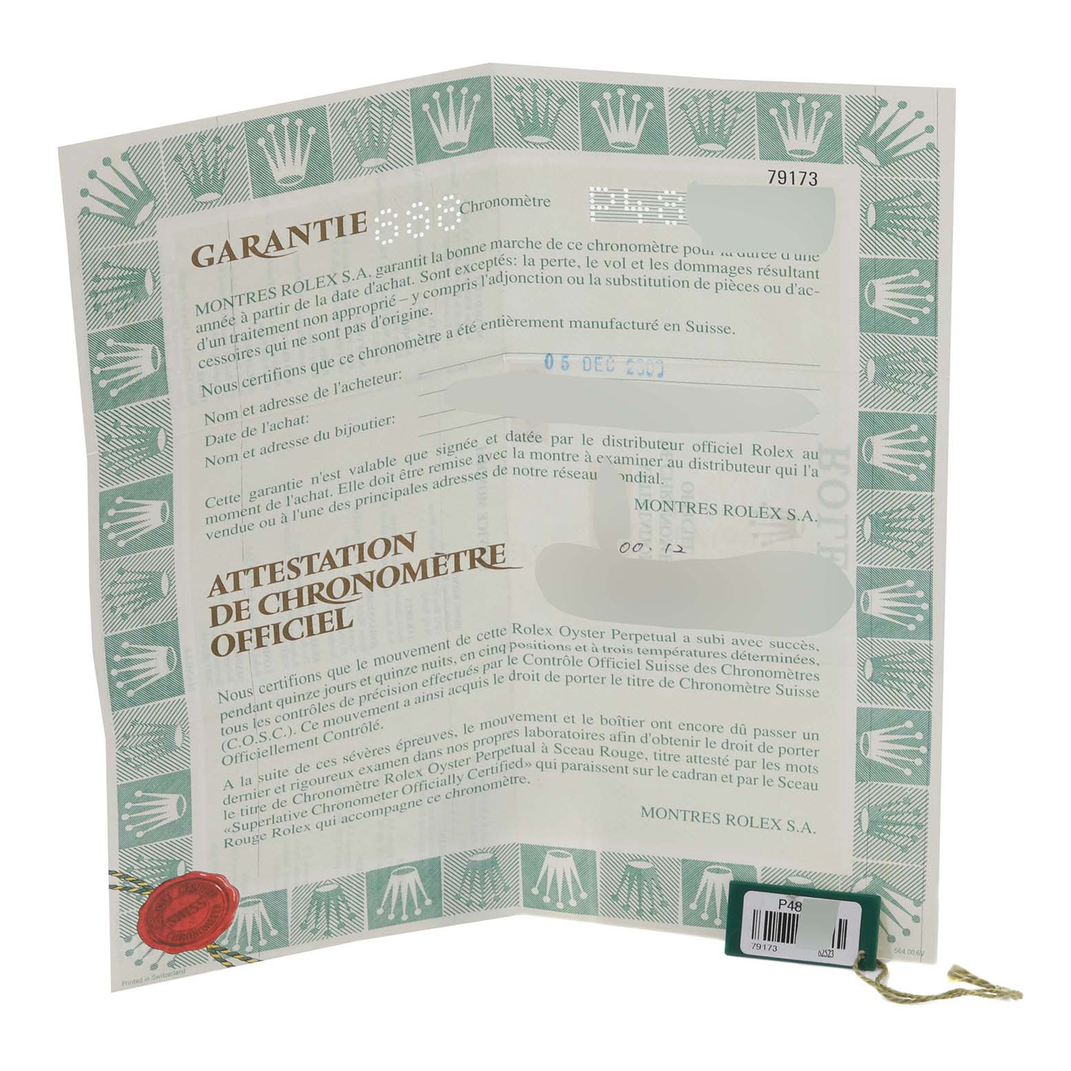 This image shows the warranty and certification paperwork for the Rolex Datejust 79173 Women's Steel and Gold (two tone) White Dial 79173 Women's Steel and Gold (two tone) White Dial model.