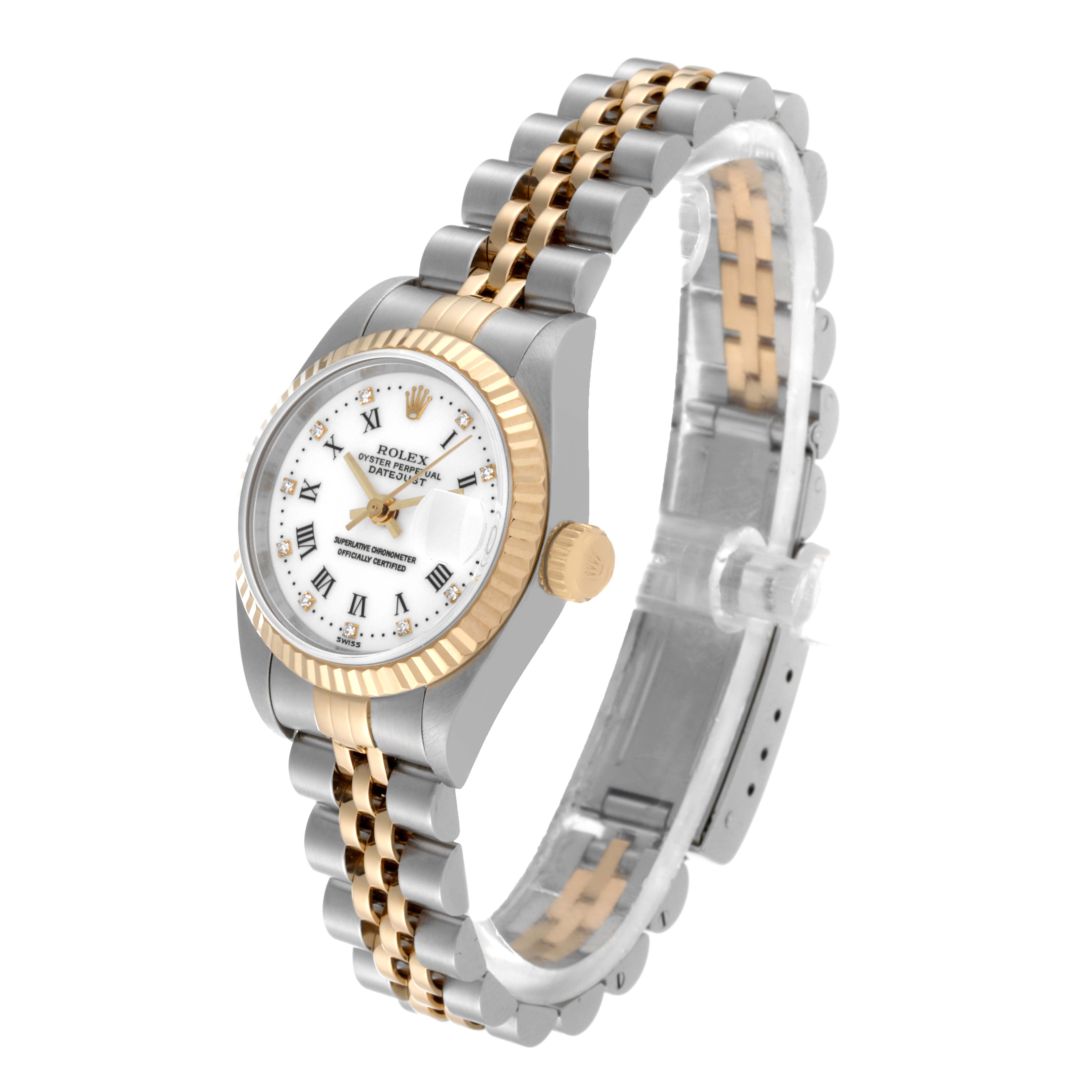 The Rolex Datejust 79173 Women's Steel and Gold (two tone) White Dial 79173 Women's Steel and Gold (two tone) White Dial watch is shown at a slight angle displaying its face, bezel, and bracelet in two-tone metal.
