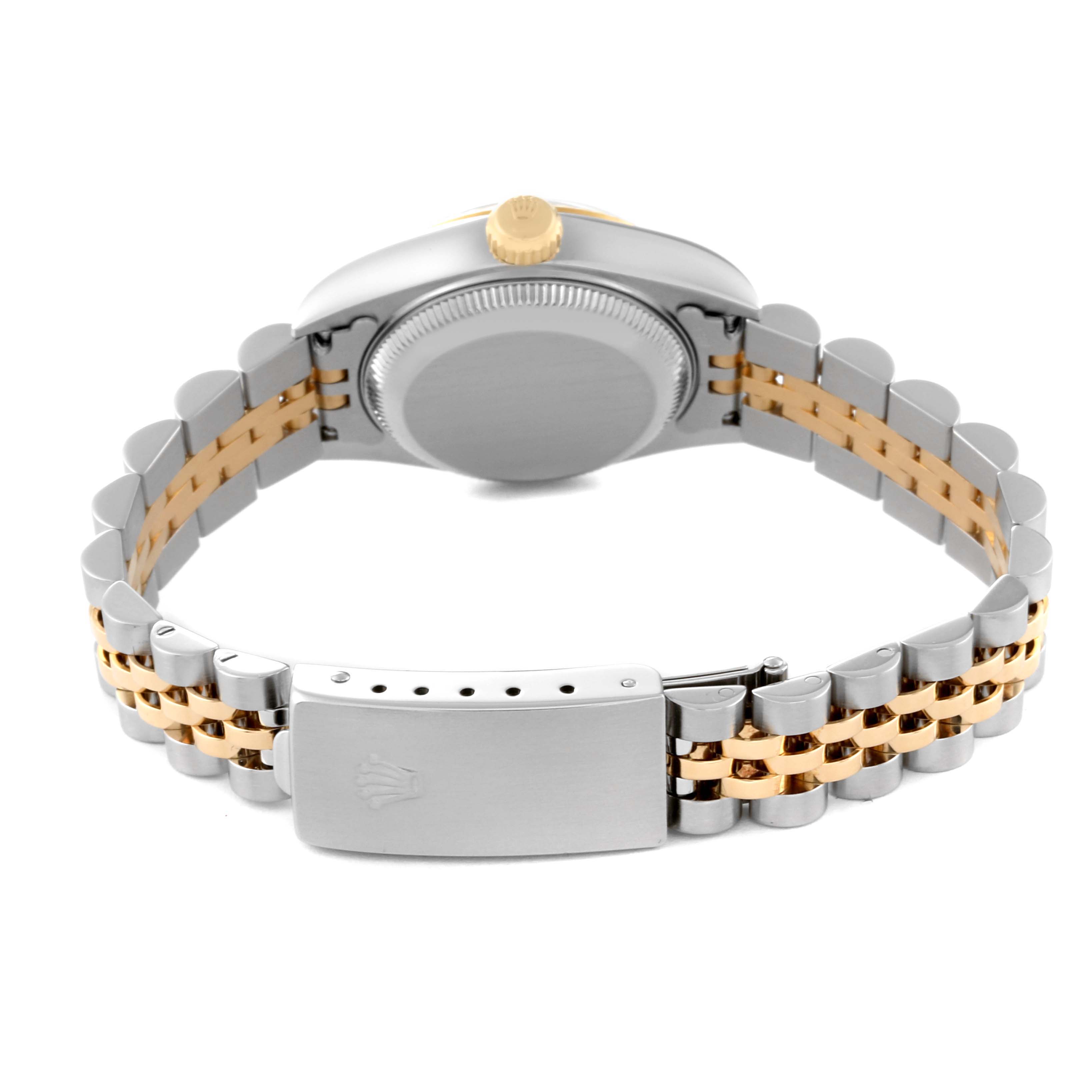 This image shows the back view of a Rolex Datejust 79173 Women's Steel and Gold (two tone) White Dial 79173 Women's Steel and Gold (two tone) White Dial watch, highlighting the case back, two-tone metal bracelet, and clasp.