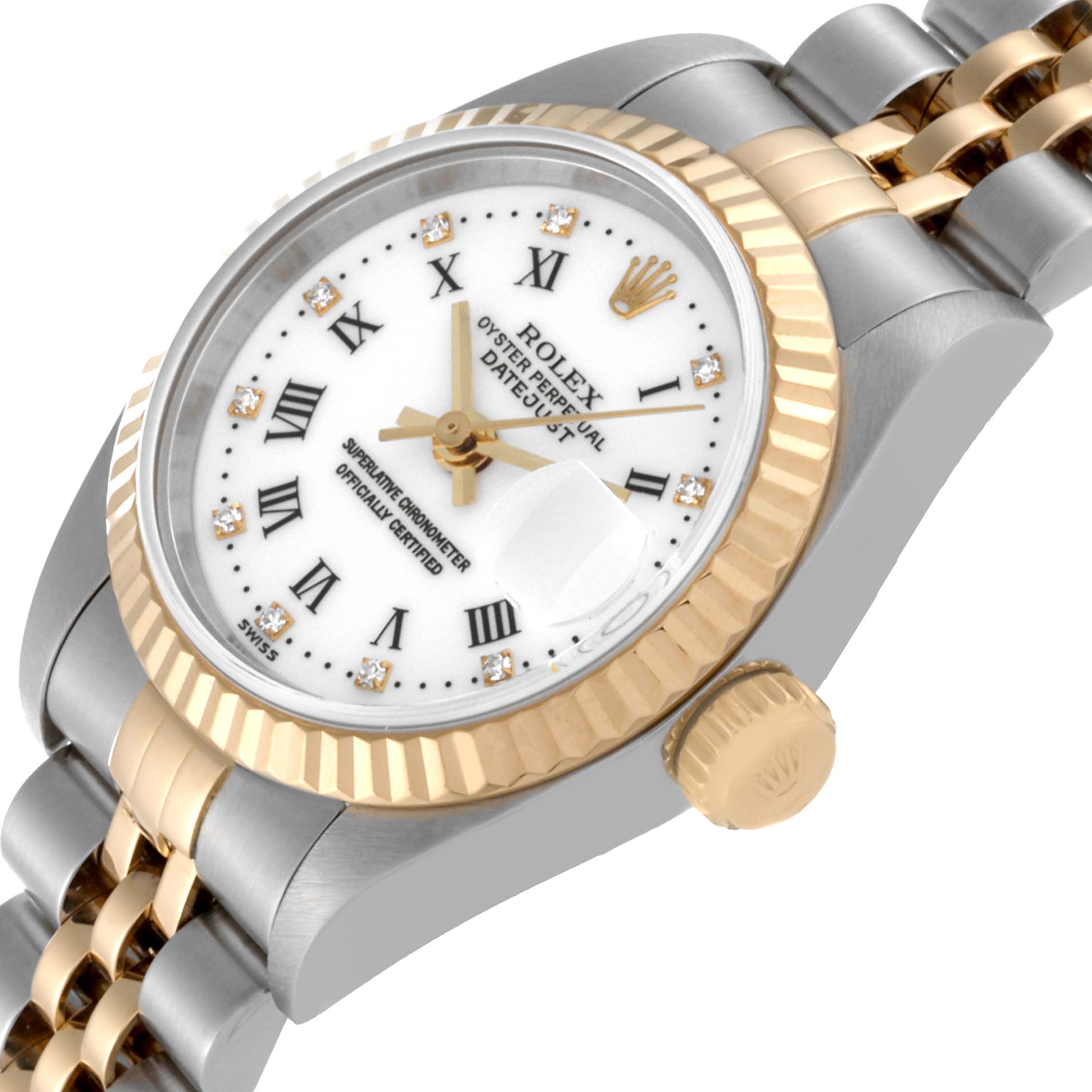 The Rolex Datejust 79173 Women's Steel and Gold (two tone) White Dial 79173 Women's Steel and Gold (two tone) White Dial watch is shown at an angled view highlighting the dial, bezel, and part of the bracelet.
