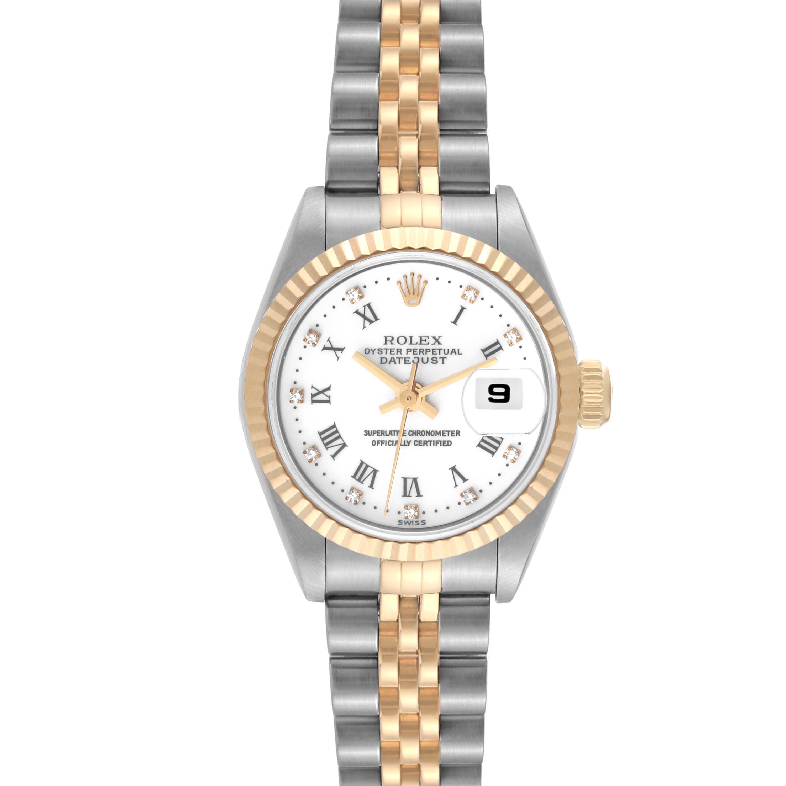 This image shows a front view of a Rolex Datejust 79173 Women's Steel and Gold (two tone) White Dial 79173 Women's Steel and Gold (two tone) White Dial watch featuring a two-tone bracelet and a white dial with Roman numerals and diamonds.