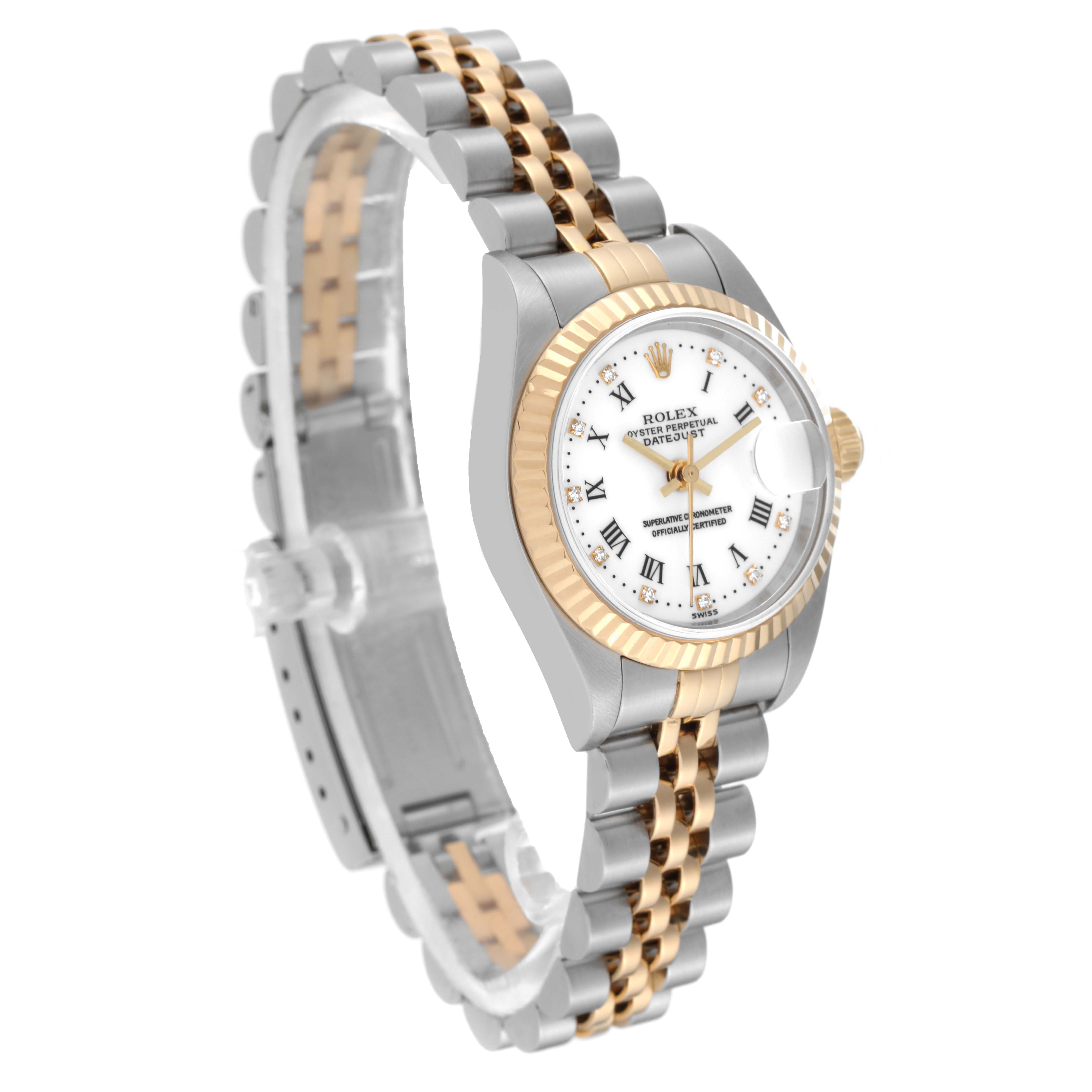 This image shows a Rolex Datejust 79173 Women's Steel and Gold (two tone) White Dial 79173 Women's Steel and Gold (two tone) White Dial watch at a three-quarter angle, featuring the case, face, bezel, and bracelet.