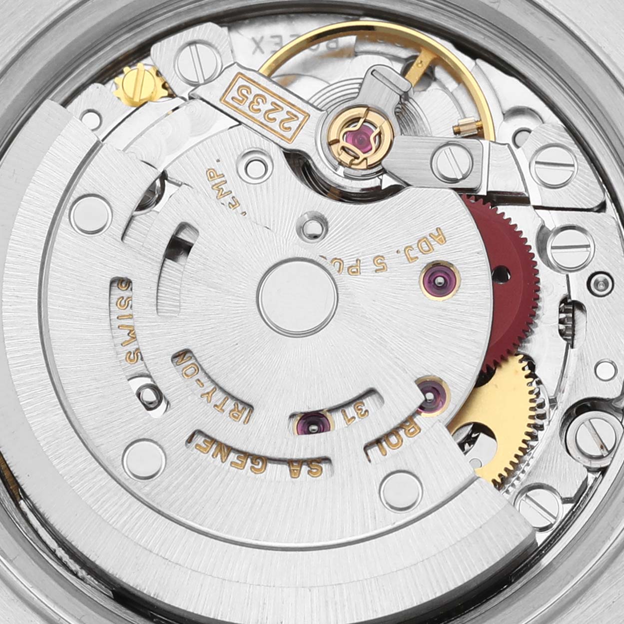 The image shows the detailed movement of a Rolex Datejust 79173 Women's Steel and Gold (two tone) White Dial 79173 Women's Steel and Gold (two tone) White Dial watch viewed from the back.