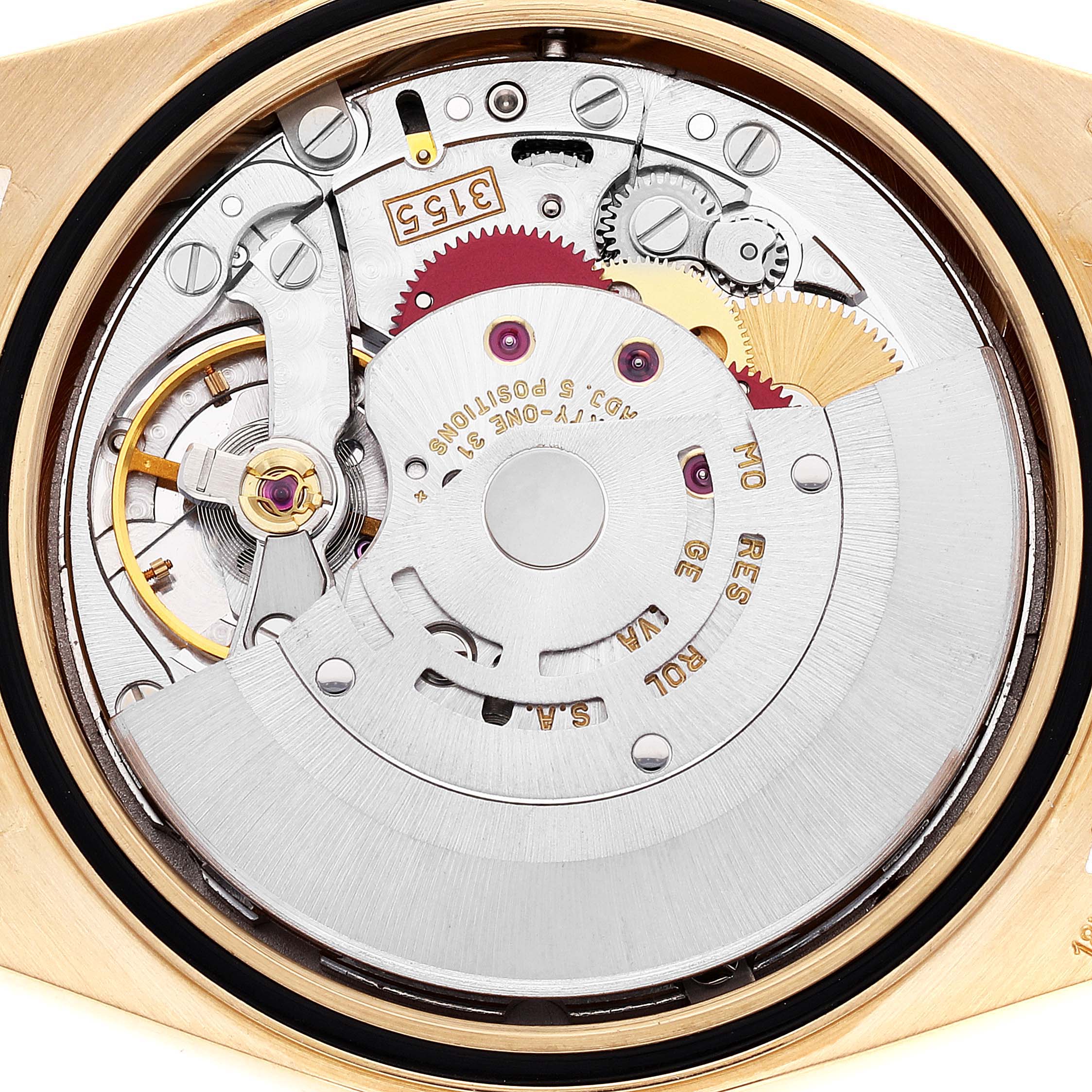 This image shows the internal mechanism and movement components of a Rolex President 18348 Men
s Yellow Gold Champagne Dial 18348 Men
s Yellow Gold Champagne Dial model watch from a backside angle.