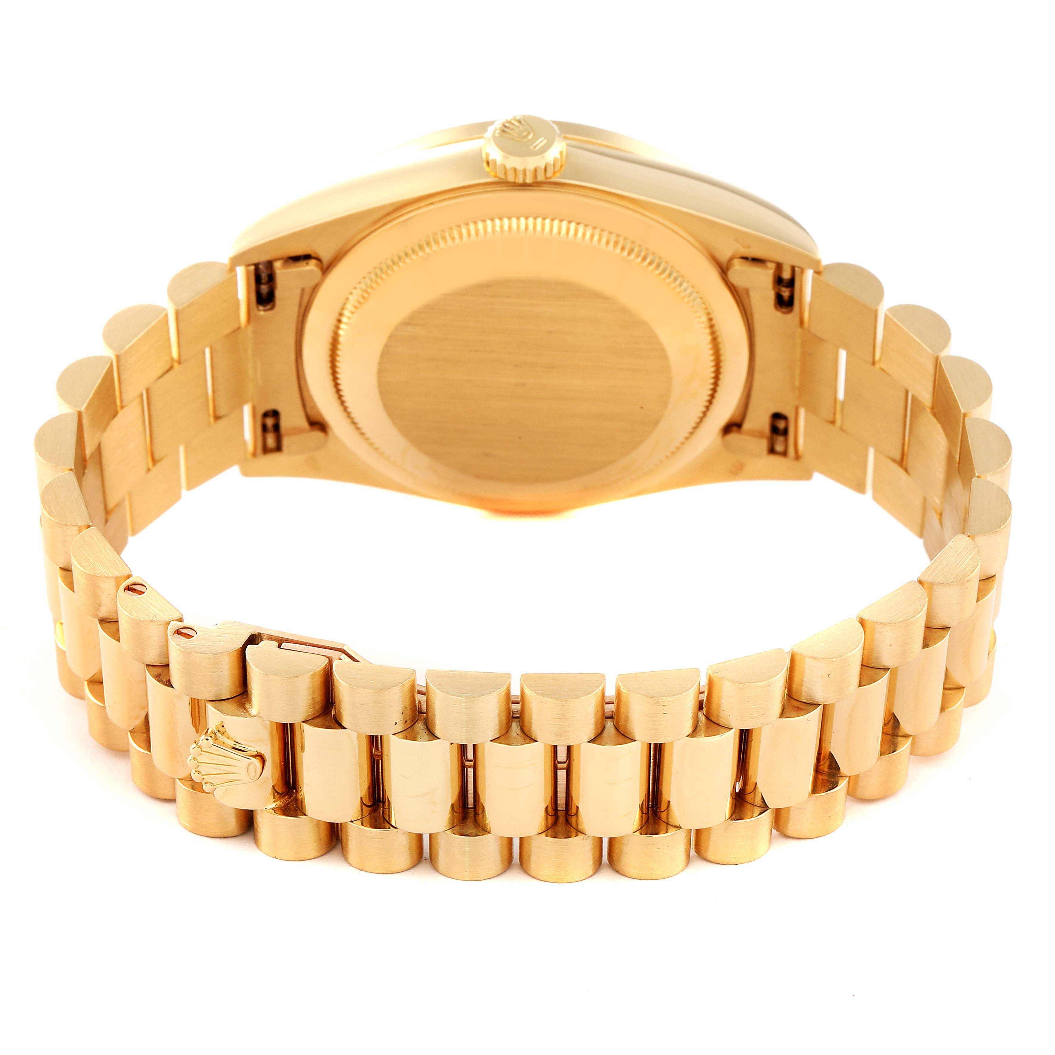 The Rolex President 18348 Men
s Yellow Gold Champagne Dial 18348 Men
s Yellow Gold Champagne Dial model watch is shown from the back, highlighting the case and gold bracelet.