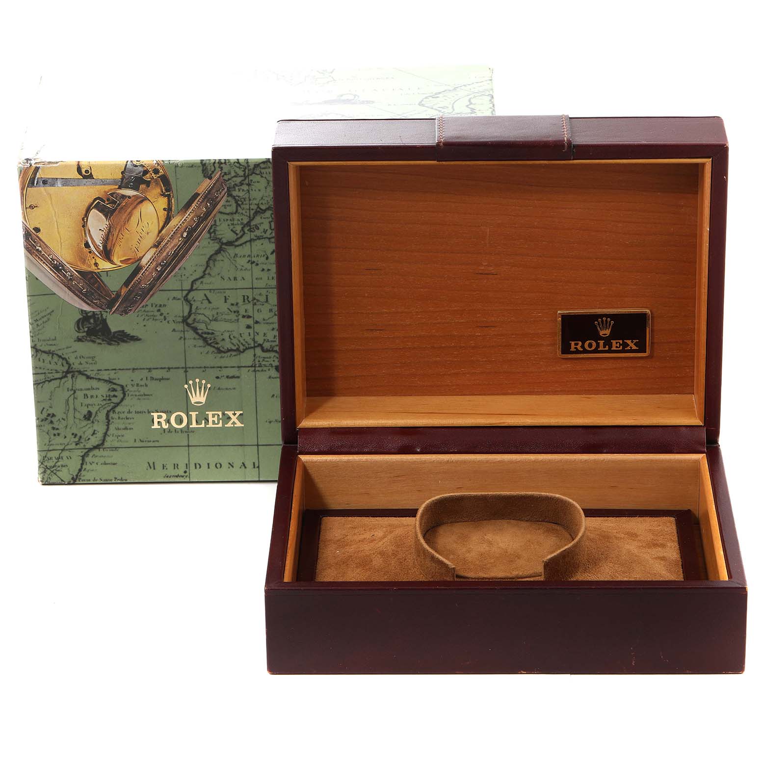 The image shows an empty Rolex President 18348 Men
s Yellow Gold Champagne Dial 18348 Men
s Yellow Gold Champagne Dial watch box, with the lid open, displaying the interior cushion and logo.