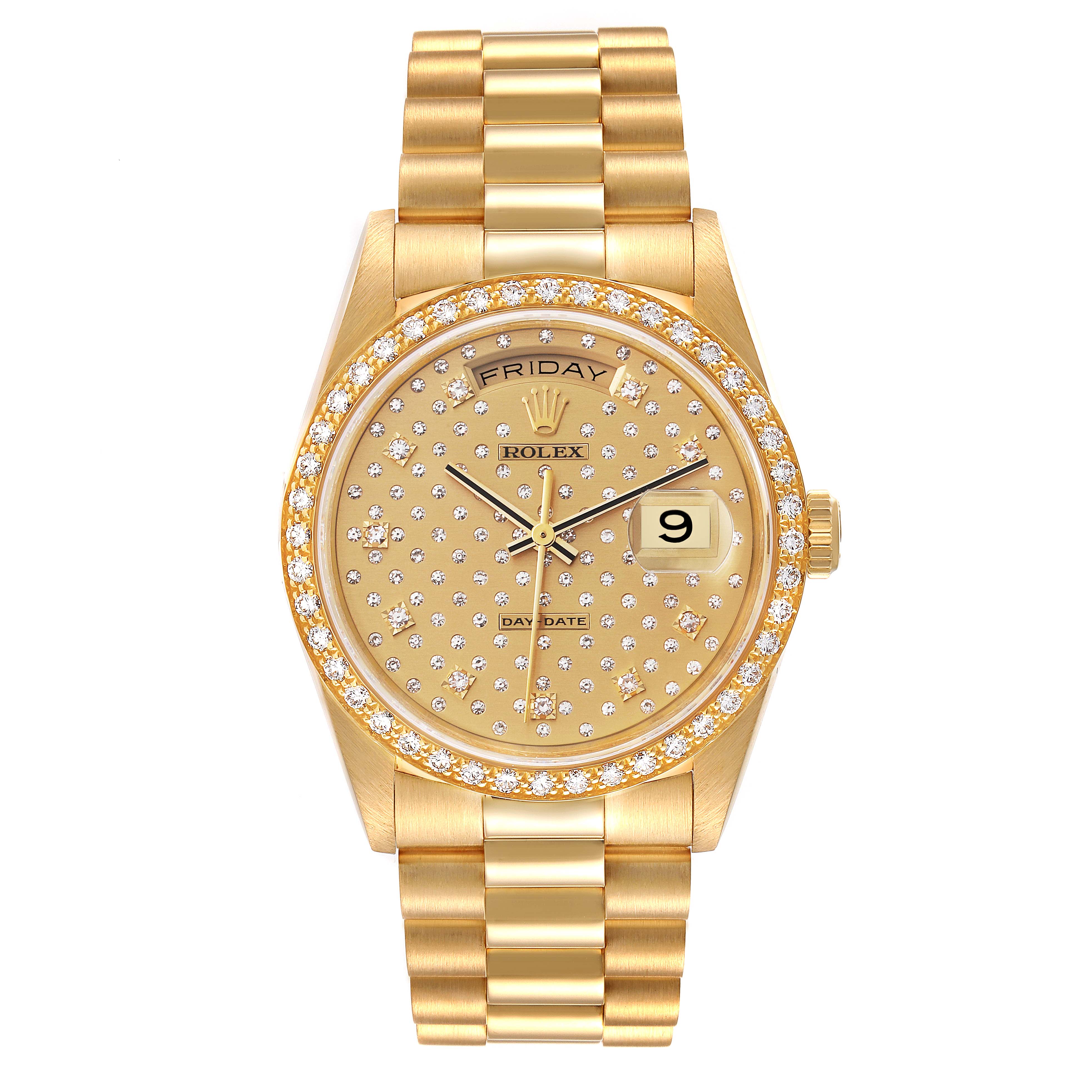 The Rolex President 18348 Men
s Yellow Gold Champagne Dial 18348 Men
s Yellow Gold Champagne Dial watch is shown from a direct front angle, displaying the dial, bezel, and bracelet.