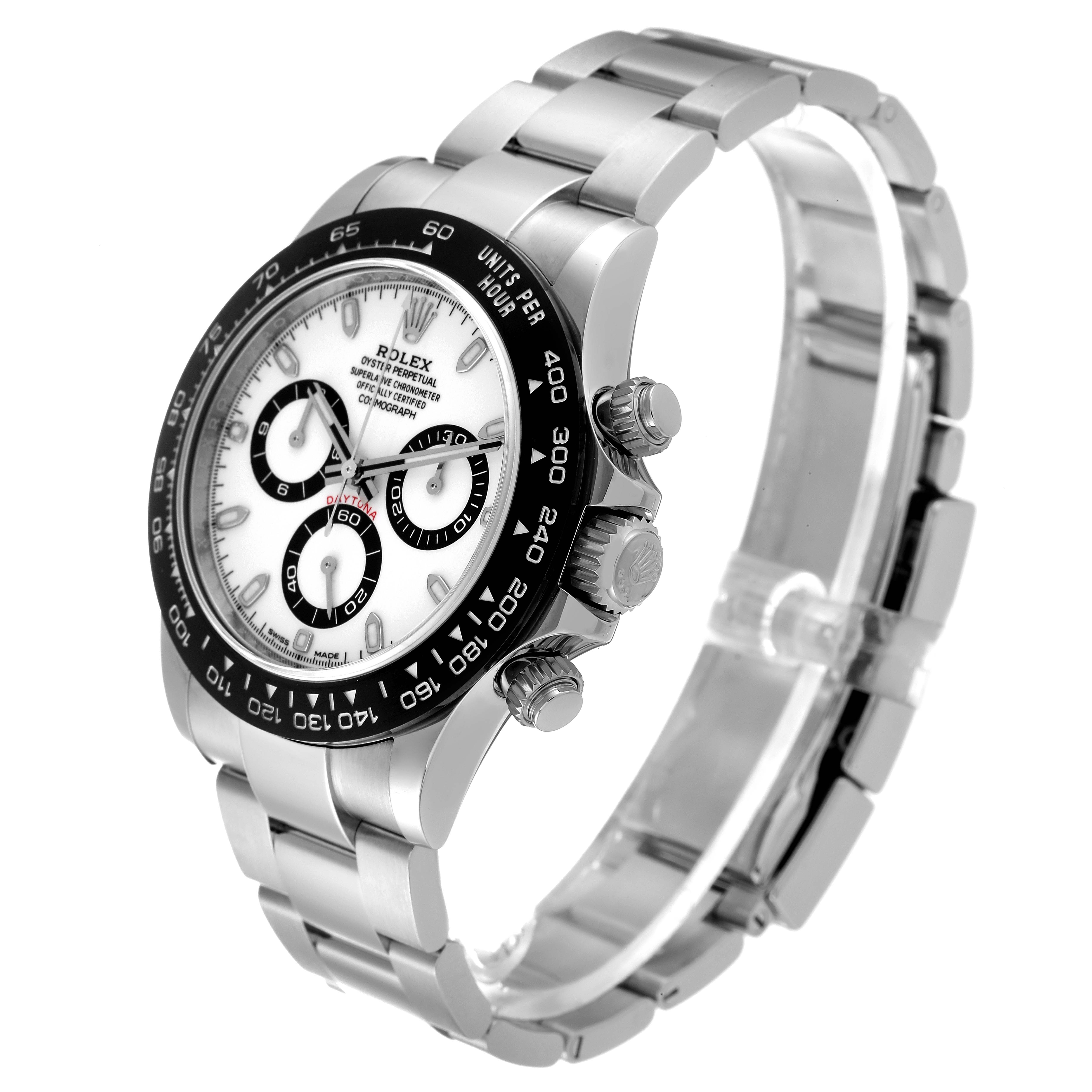 This image shows a Rolex Daytona 116500 Men
s Stainless Steel White Dial 116500 Men
s Stainless Steel White Dial watch from a three-quarter angle, displaying the face, bezel, and bracelet.