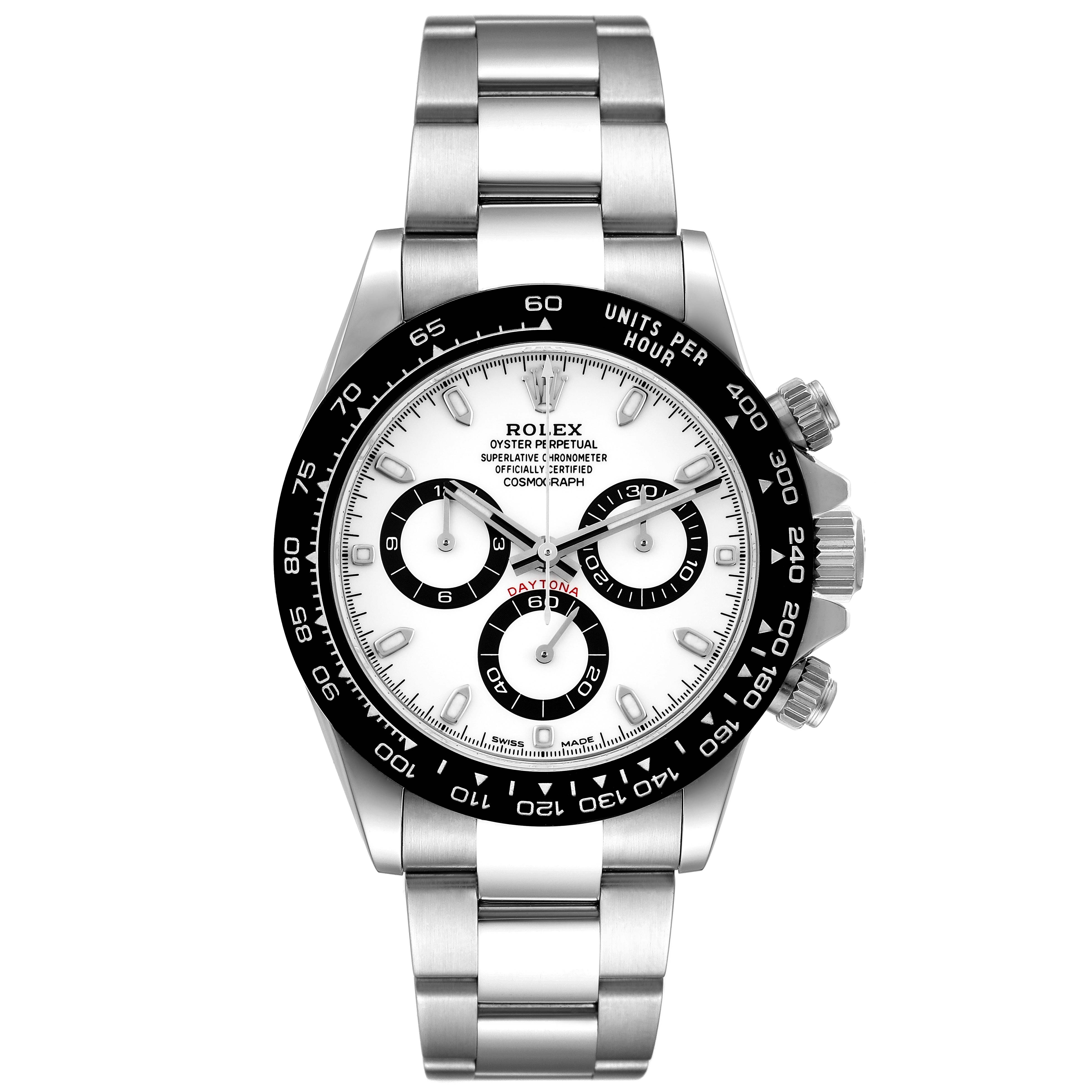 This image shows a front-facing view of a Rolex Daytona 116500 Men
s Stainless Steel White Dial 116500 Men
s Stainless Steel White Dial watch, displaying its bracelet, bezel, and dial.