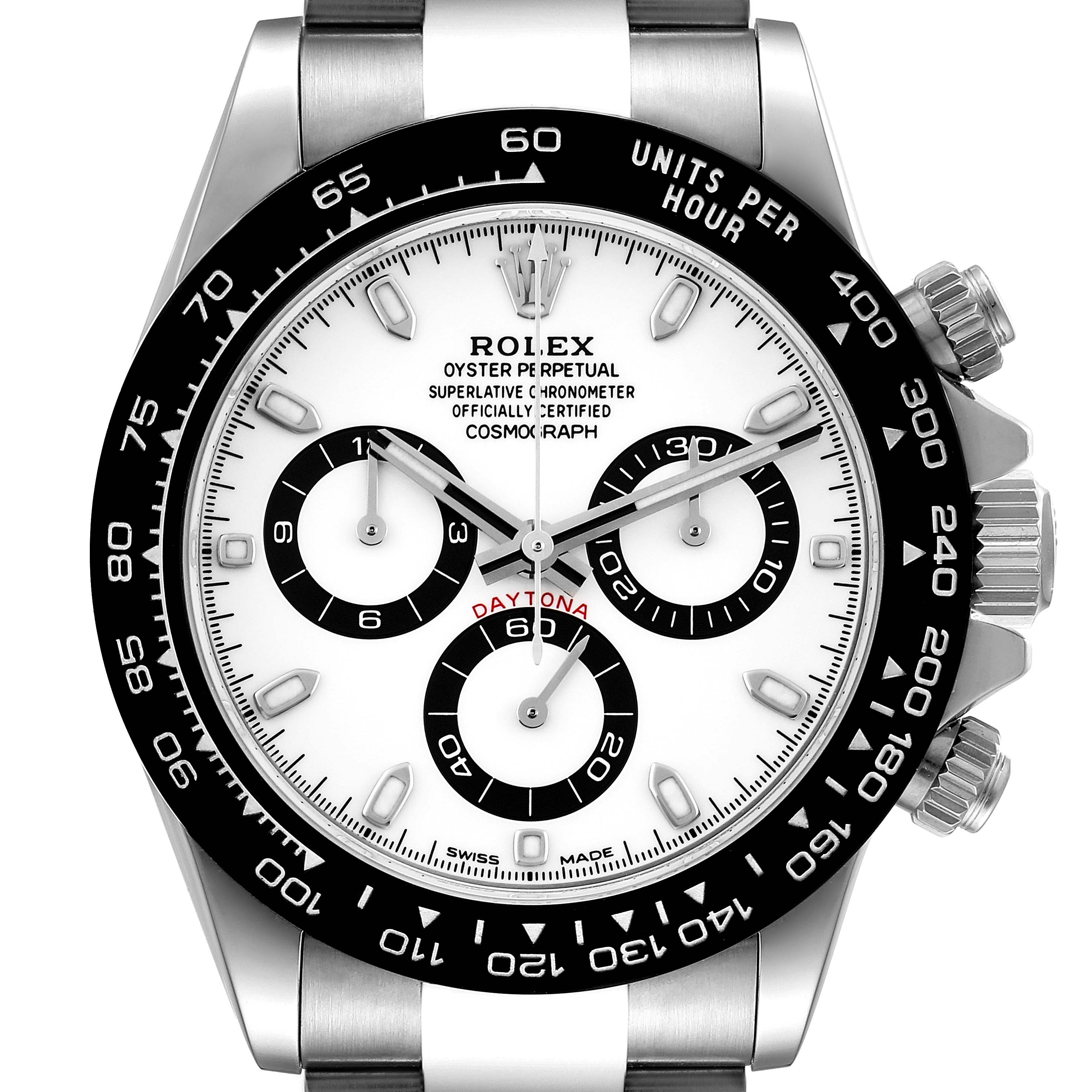 The Rolex Daytona 116500 Men
s Stainless Steel White Dial 116500 Men
s Stainless Steel White Dial watch is shown from the front, displaying its dial, three subdials, bezel, and part of the bracelet.
