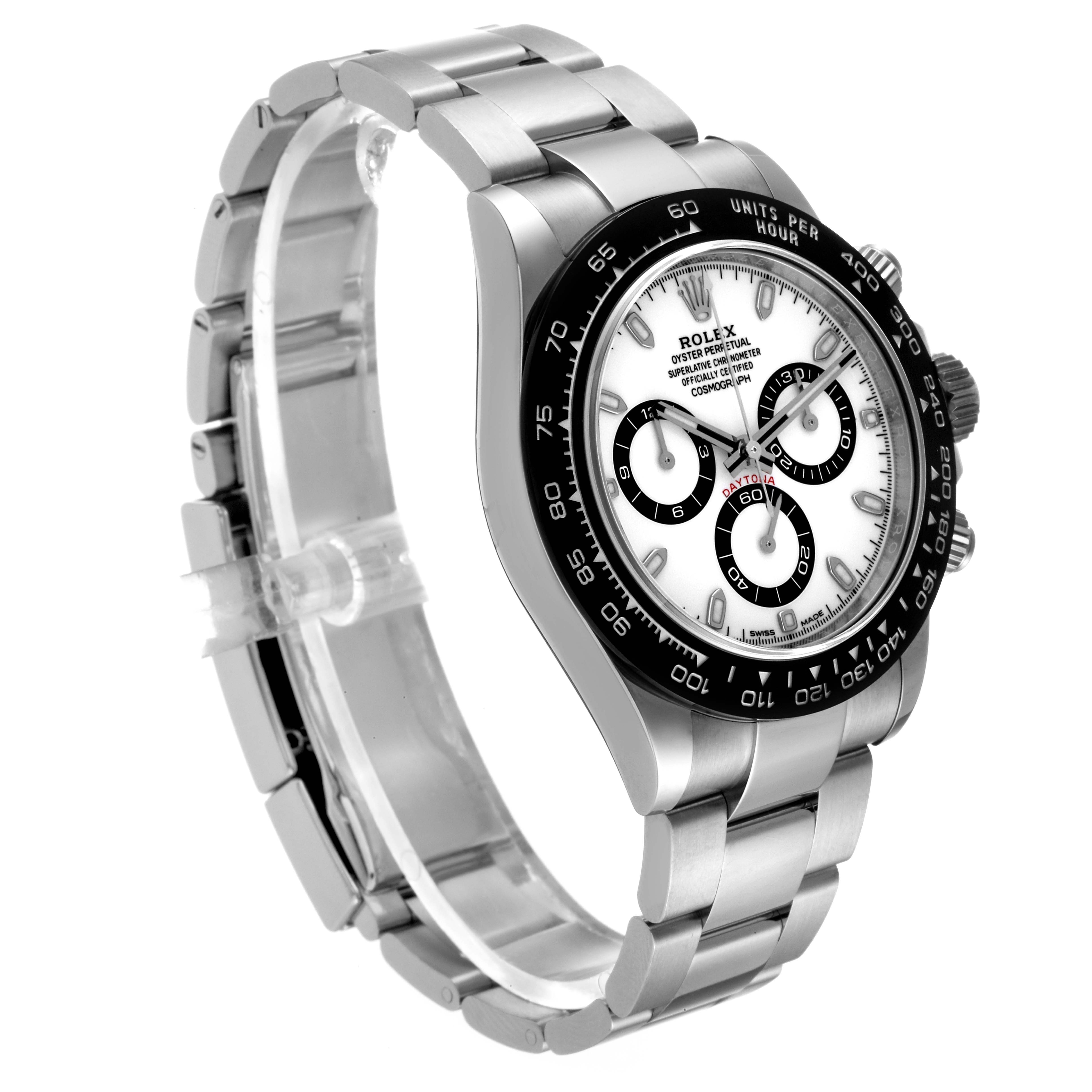 This image shows a side-angle view of a Rolex Daytona 116500 Men
s Stainless Steel White Dial 116500 Men
s Stainless Steel White Dial watch, focusing on the bracelet and face with its chronograph sub-dials.