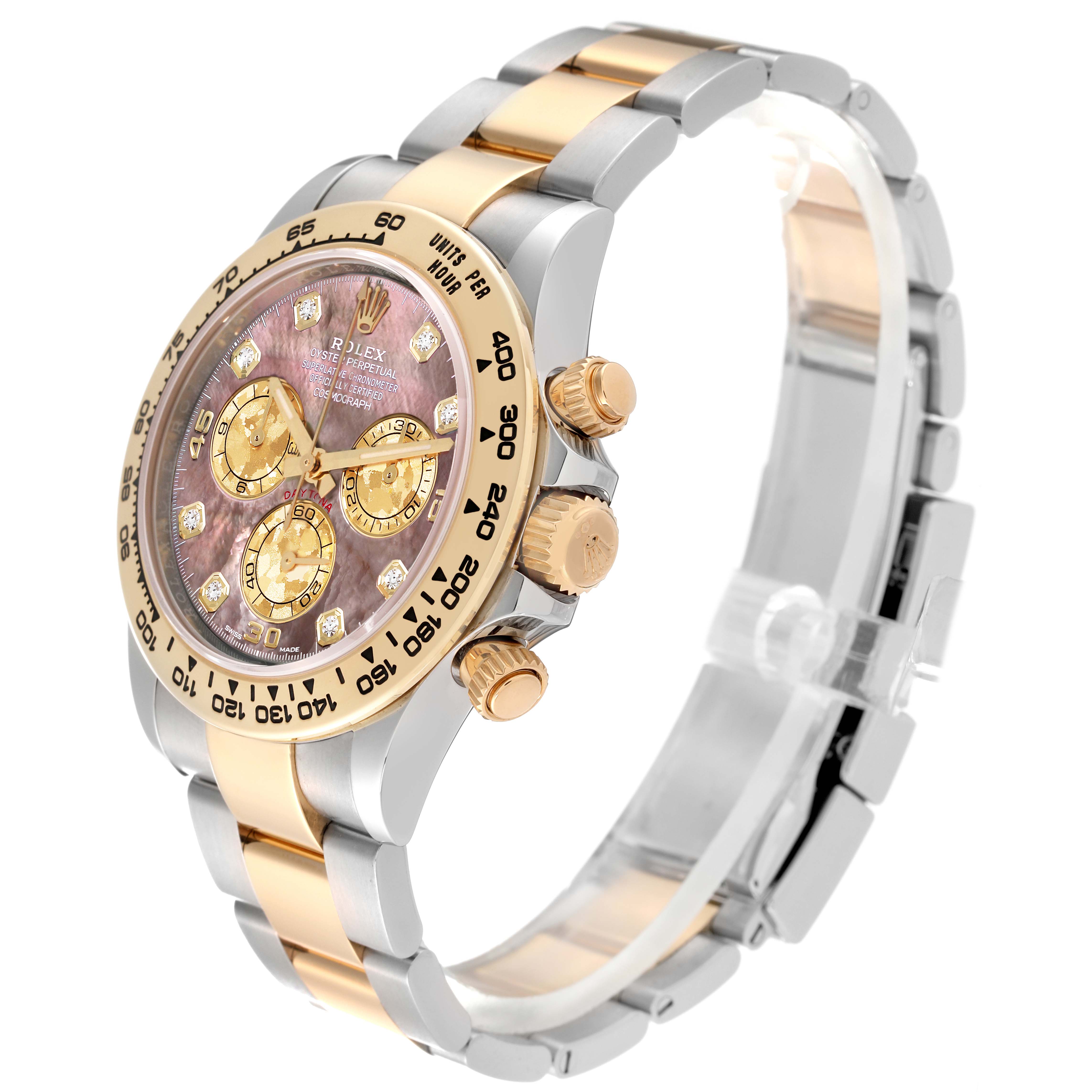 The image shows a Rolex Daytona 116503 Men
s Steel and Gold (two tone) Mother of Pearl Dial 116503 Men
s Steel and Gold (two tone) Mother of Pearl Dial watch at a three-quarter angle, highlighting its face, crown, pushers, and two-tone bracelet.