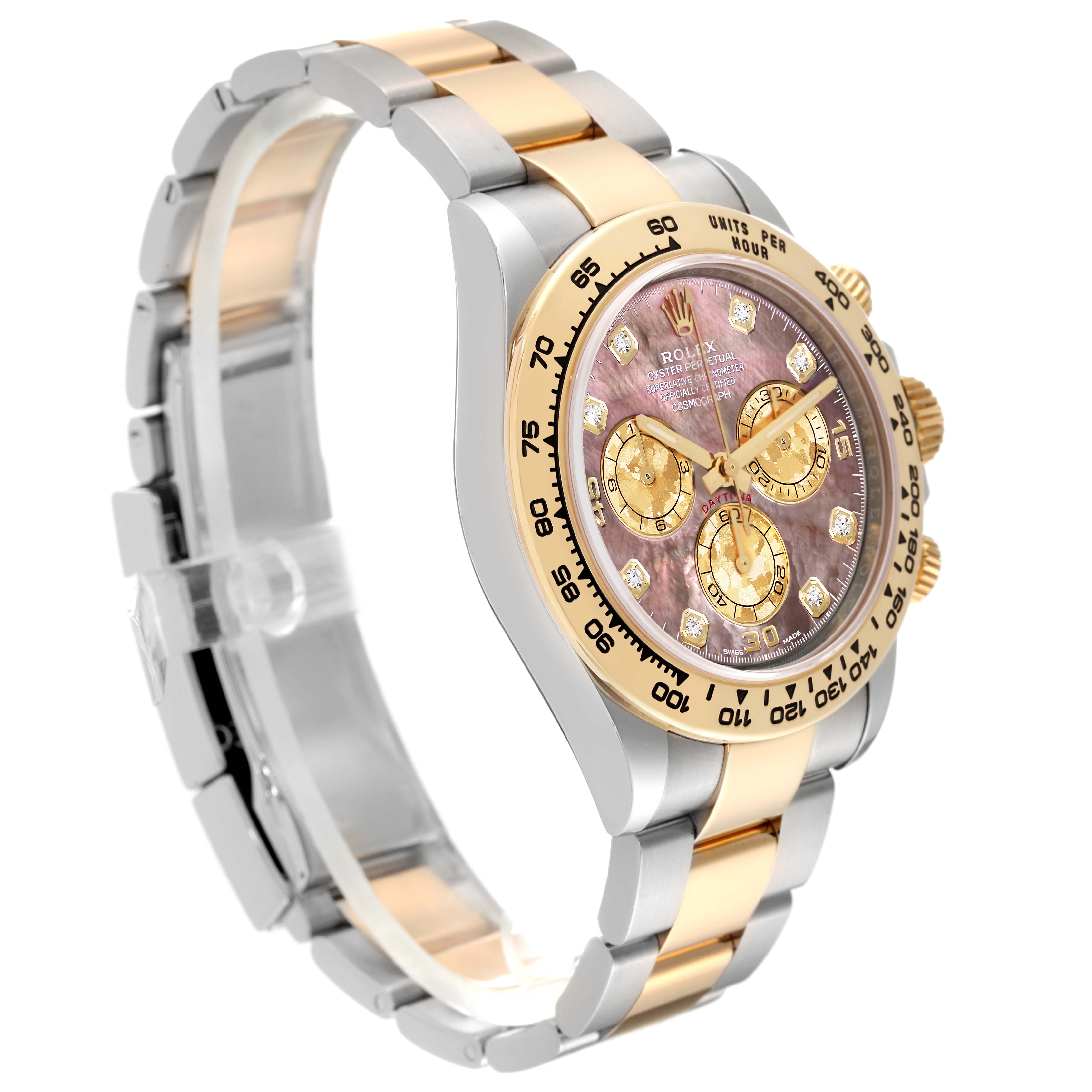 This image shows a side angle of a Rolex Daytona 116503 Men
s Steel and Gold (two tone) Mother of Pearl Dial 116503 Men
s Steel and Gold (two tone) Mother of Pearl Dial watch, highlighting its case, bezel, dial, and two-tone bracelet.