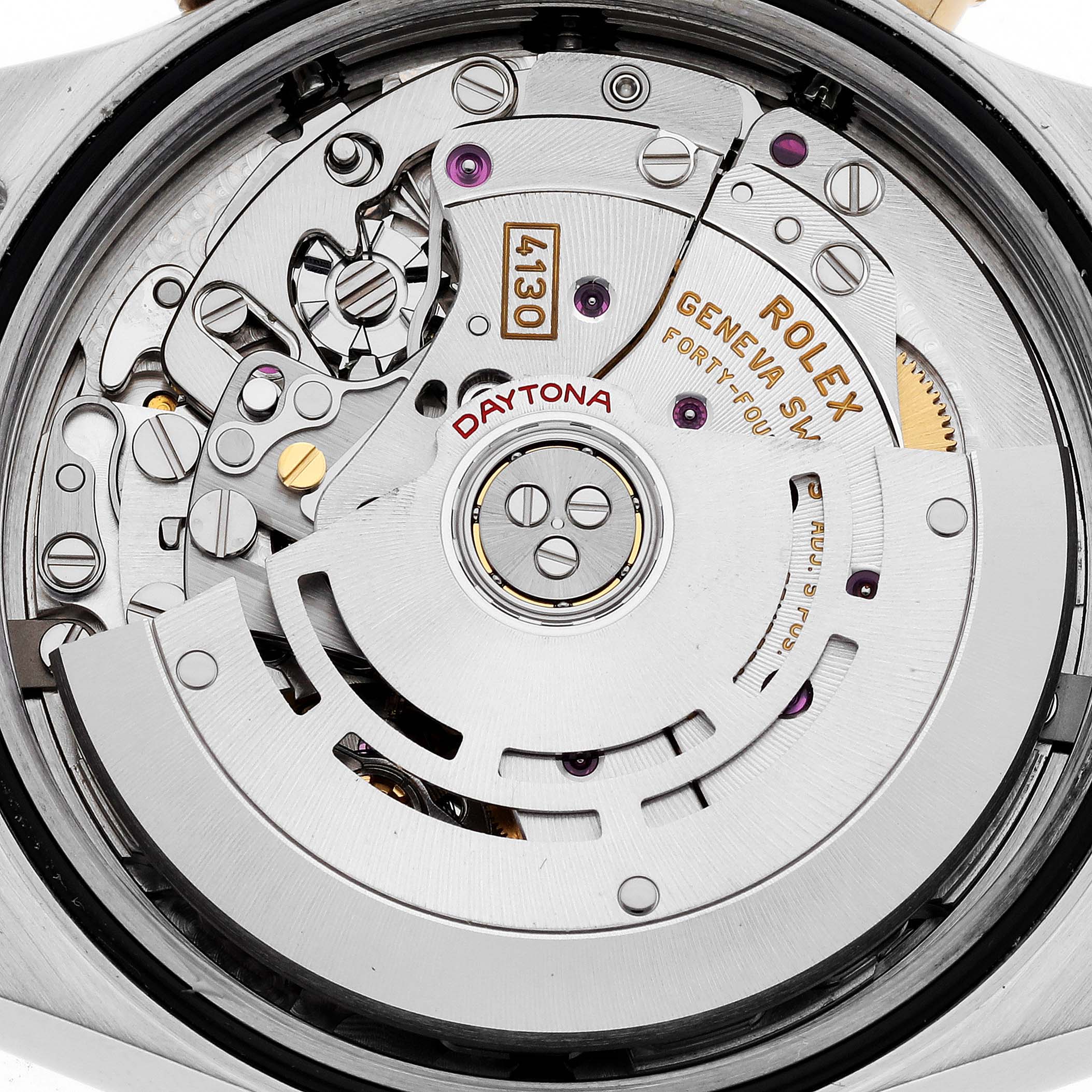 This is an angled close-up view of the Rolex Daytona 116503 Men
s Steel and Gold (two tone) Mother of Pearl Dial 116503 Men
s Steel and Gold (two tone) Mother of Pearl Dial watch movement, showing intricate internal components.