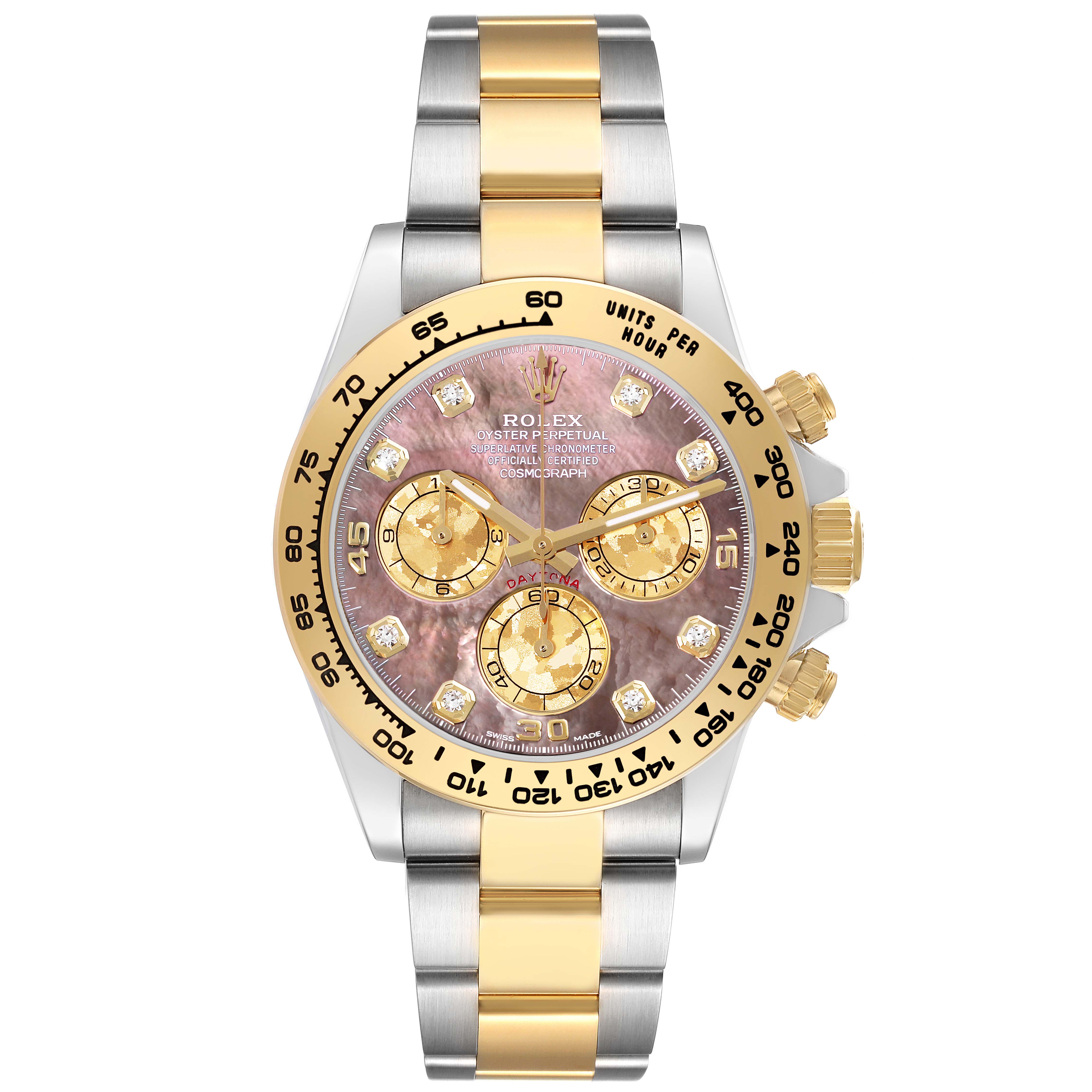 The image shows a front view of the Rolex Daytona 116503 Men
s Steel and Gold (two tone) Mother of Pearl Dial 116503 Men
s Steel and Gold (two tone) Mother of Pearl Dial watch, displaying its face, bezel, and bracelet.