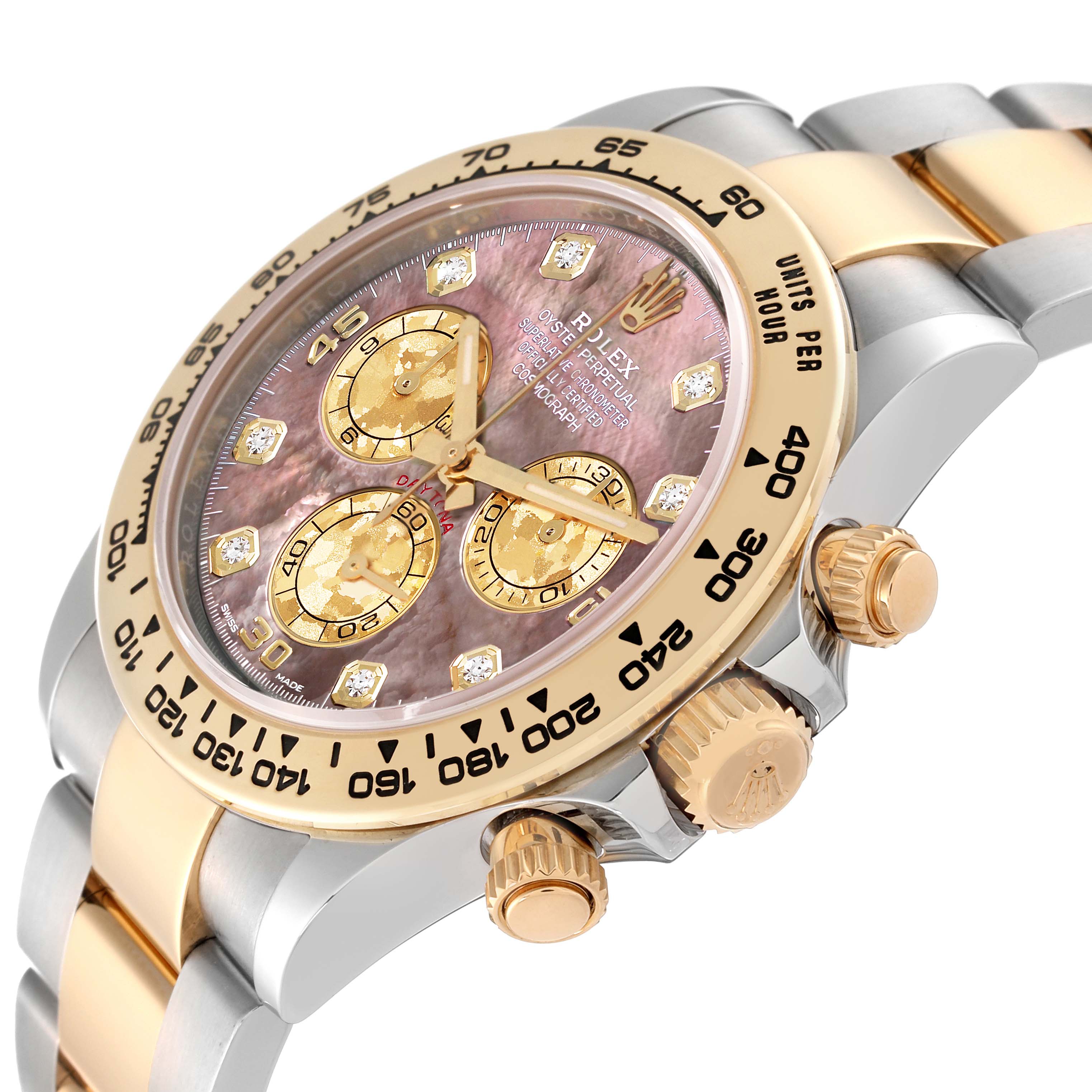 This image shows a Rolex Daytona 116503 Men
s Steel and Gold (two tone) Mother of Pearl Dial 116503 Men
s Steel and Gold (two tone) Mother of Pearl Dial watch from a side angle, highlighting the dial, bezel, crown, and part of the bracelet.