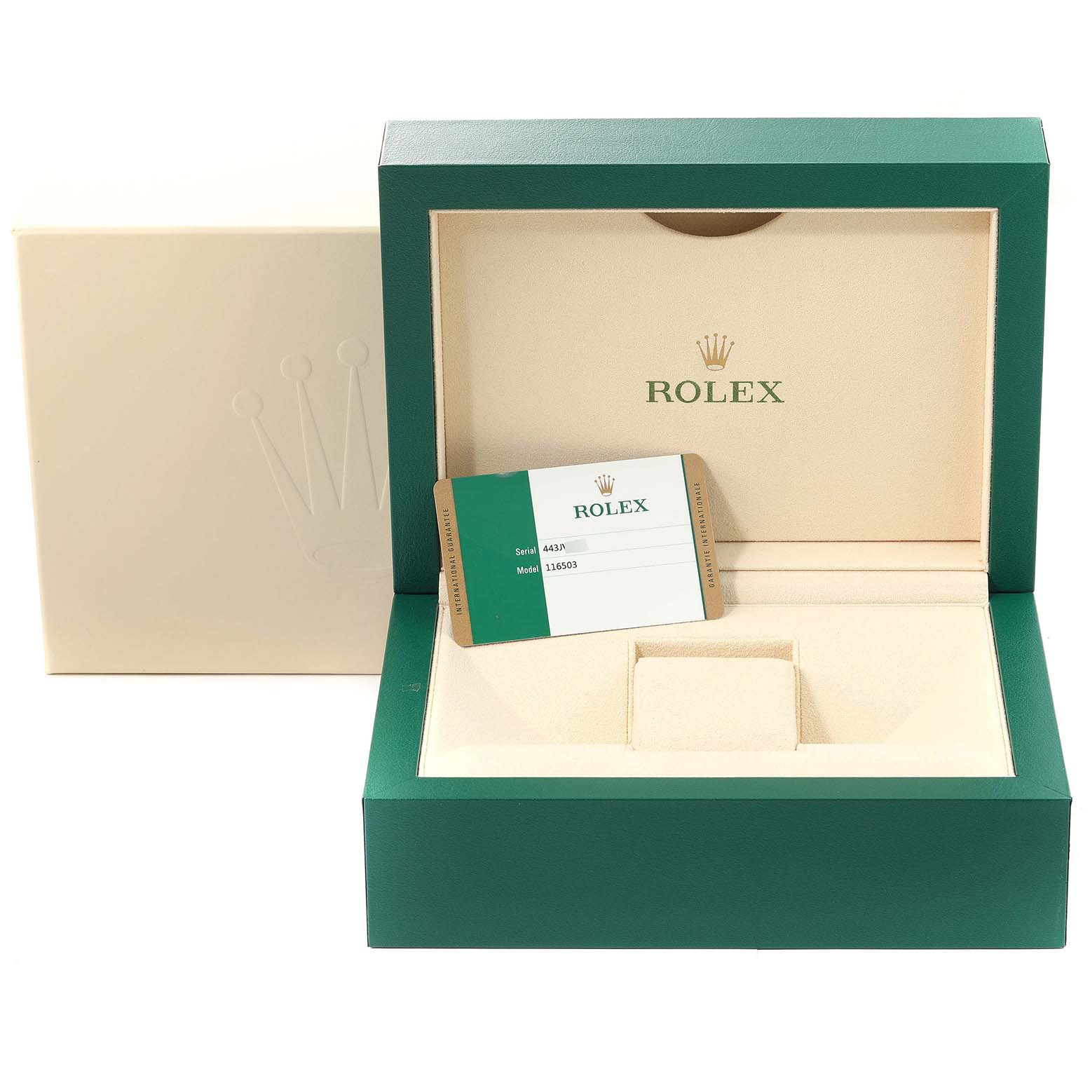 This image shows the open packaging box and warranty card for a Rolex Daytona 116503 Men
s Steel and Gold (two tone) Mother of Pearl Dial 116503 Men
s Steel and Gold (two tone) Mother of Pearl Dial watch.