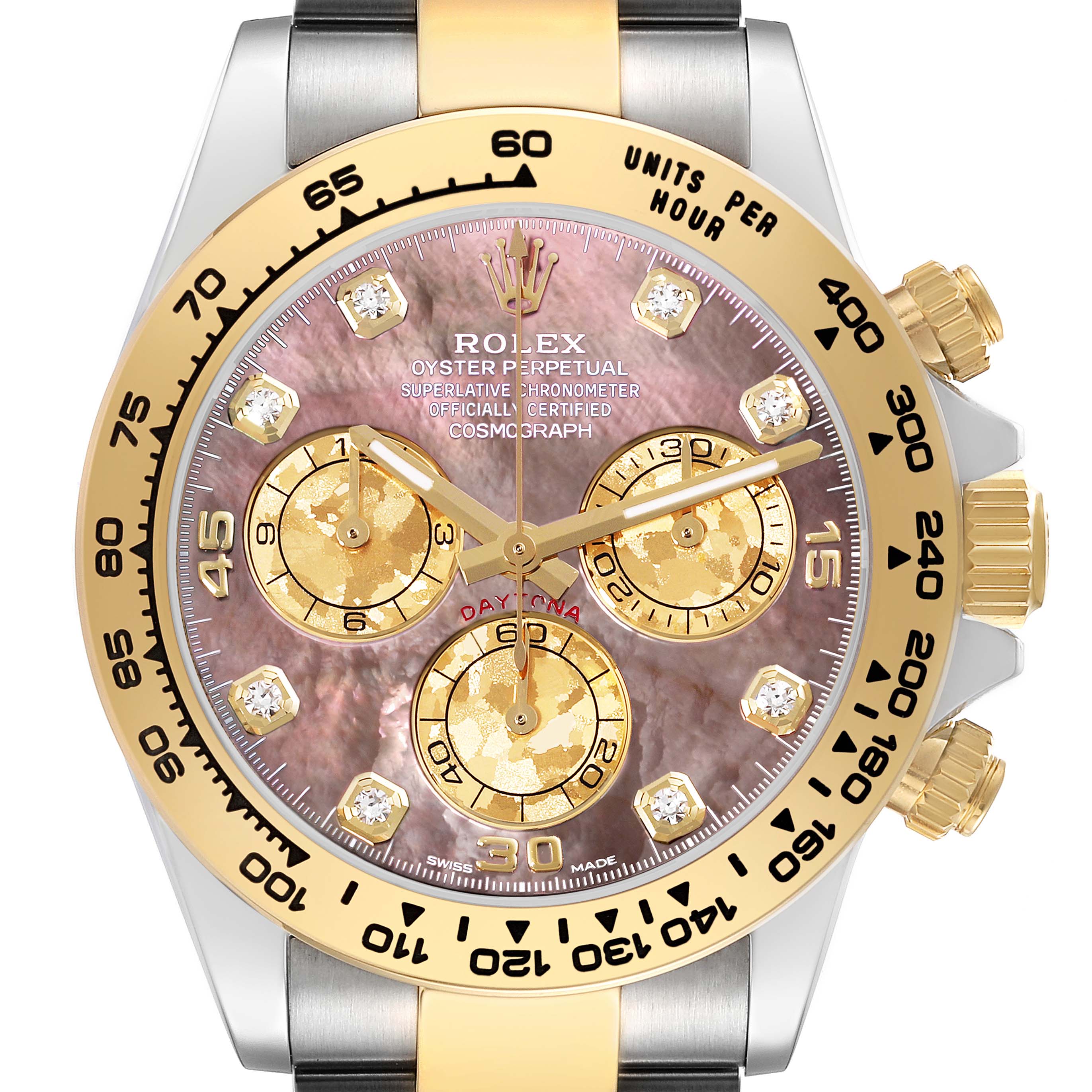 This image shows a front view of the Rolex Daytona 116503 Men
s Steel and Gold (two tone) Mother of Pearl Dial 116503 Men
s Steel and Gold (two tone) Mother of Pearl Dial watch, highlighting the dial, bezel, and pushers.