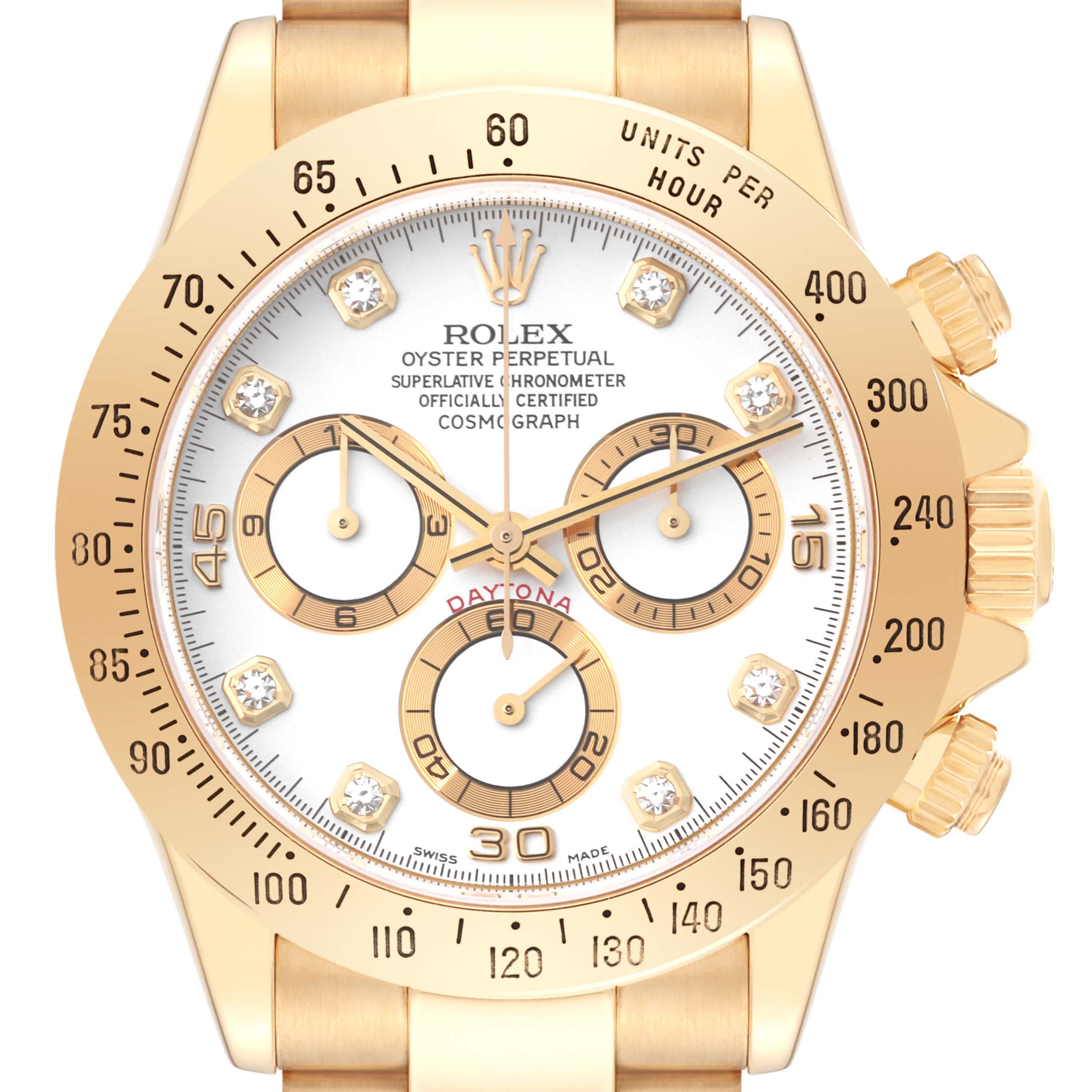 The image shows a front view of the Rolex Daytona 116528 Men's Yellow Gold White Dial 116528 Men's Yellow Gold White Dial watch featuring a gold case, bezel, and bracelet with diamond hour markers.