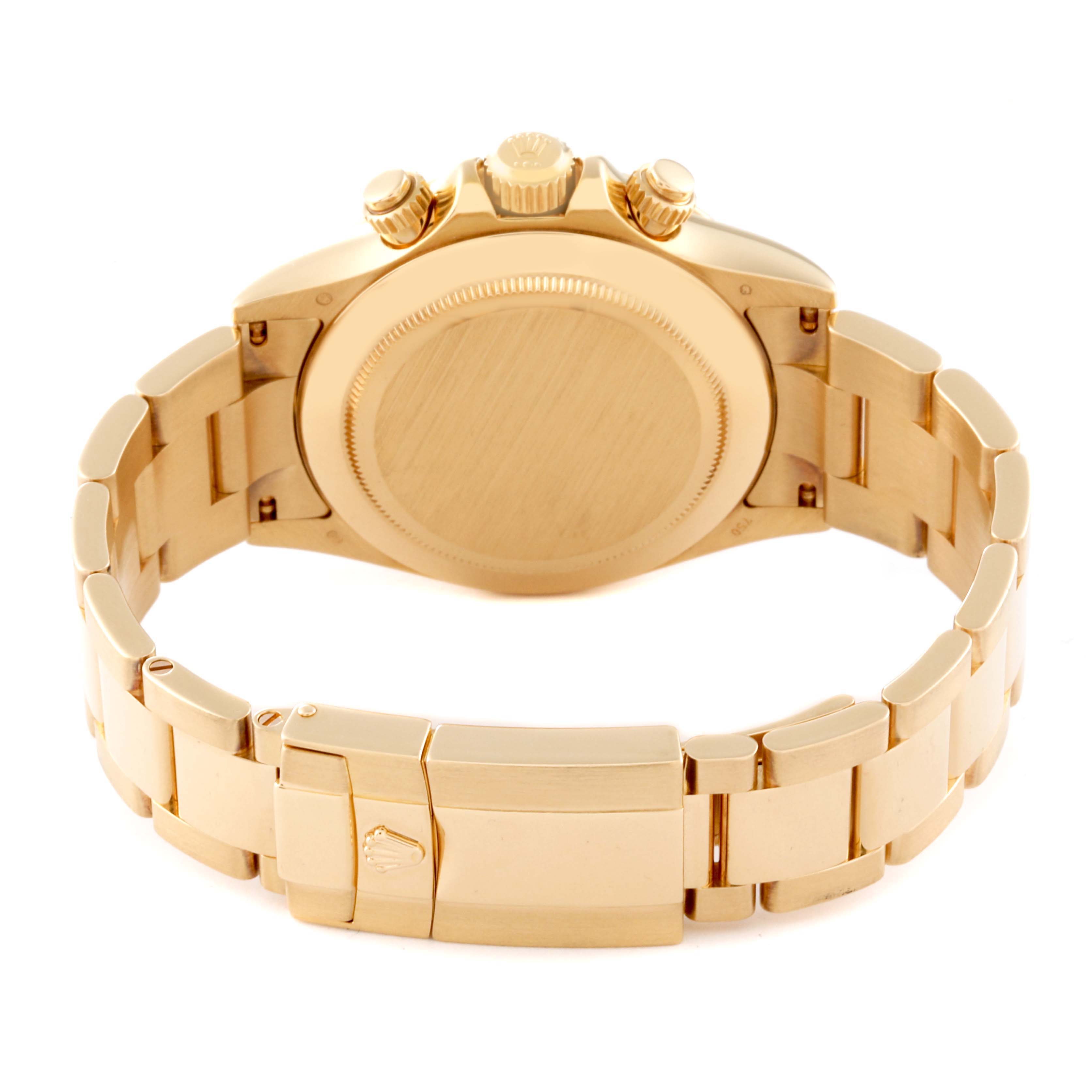 The image shows the back case and bracelet of a Rolex Daytona 116528 Men's Yellow Gold White Dial 116528 Men's Yellow Gold White Dial watch from a rear angle.