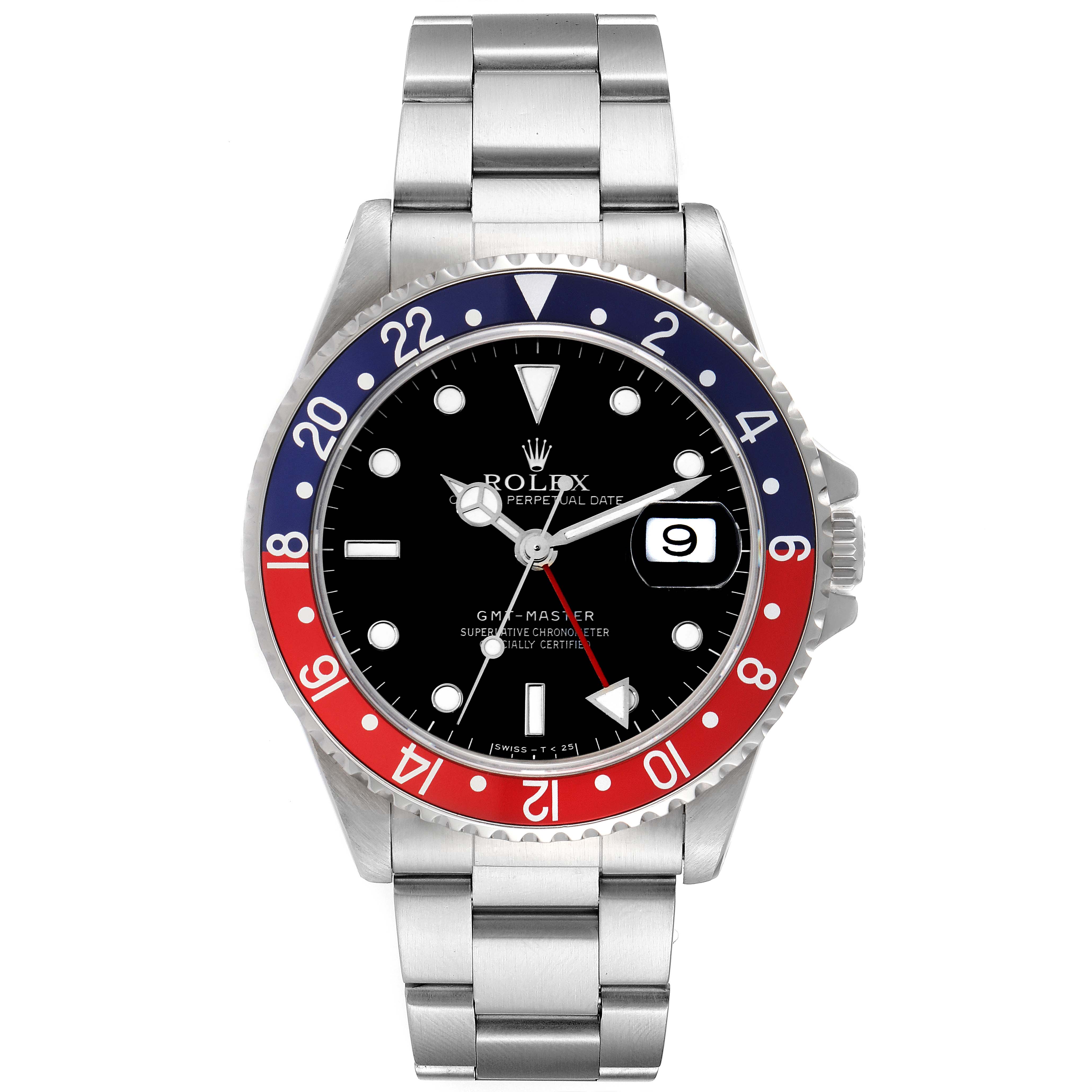The Rolex GMT-Master 16700 Men
s Stainless Steel Black Dial 16700 Men
s Stainless Steel Black Dial watch is shown from the front, highlighting its bezel, dial, hands, date window, and bracelet.