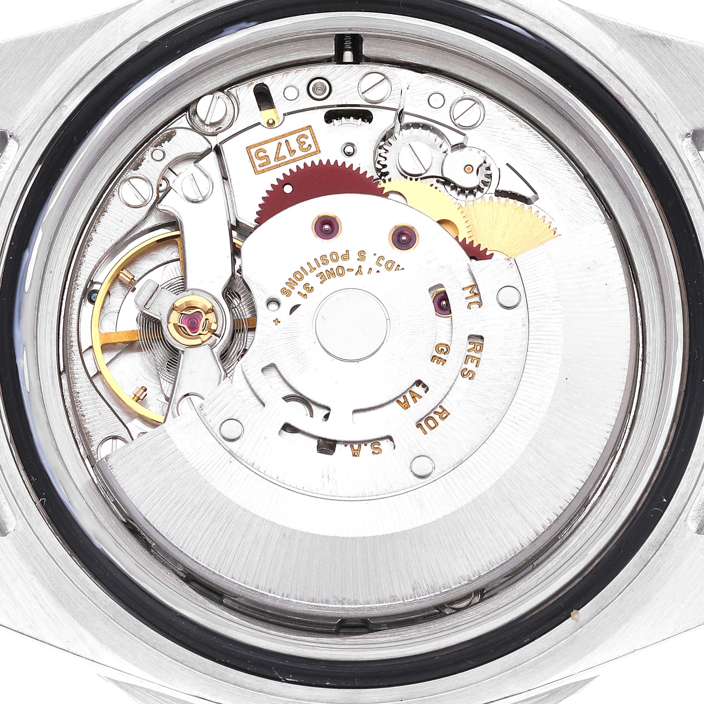 This image shows the internal mechanical movement of a Rolex GMT-Master 16700 Men
s Stainless Steel Black Dial 16700 Men
s Stainless Steel Black Dial watch from a rear angle with its case back removed.