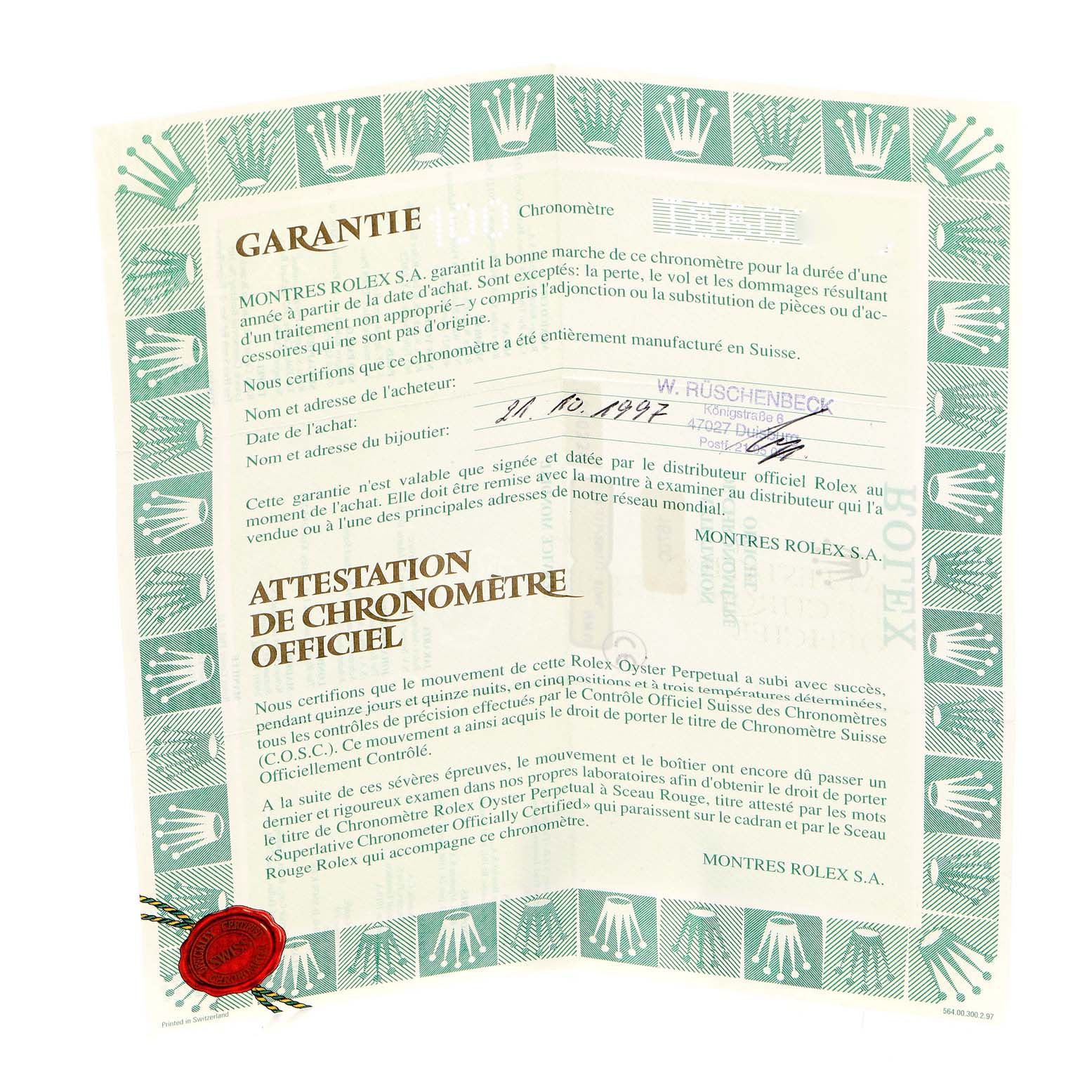 This image shows the guarantee and chronometer certification document for a Rolex GMT-Master 16700 Men
s Stainless Steel Black Dial 16700 Men
s Stainless Steel Black Dial model.