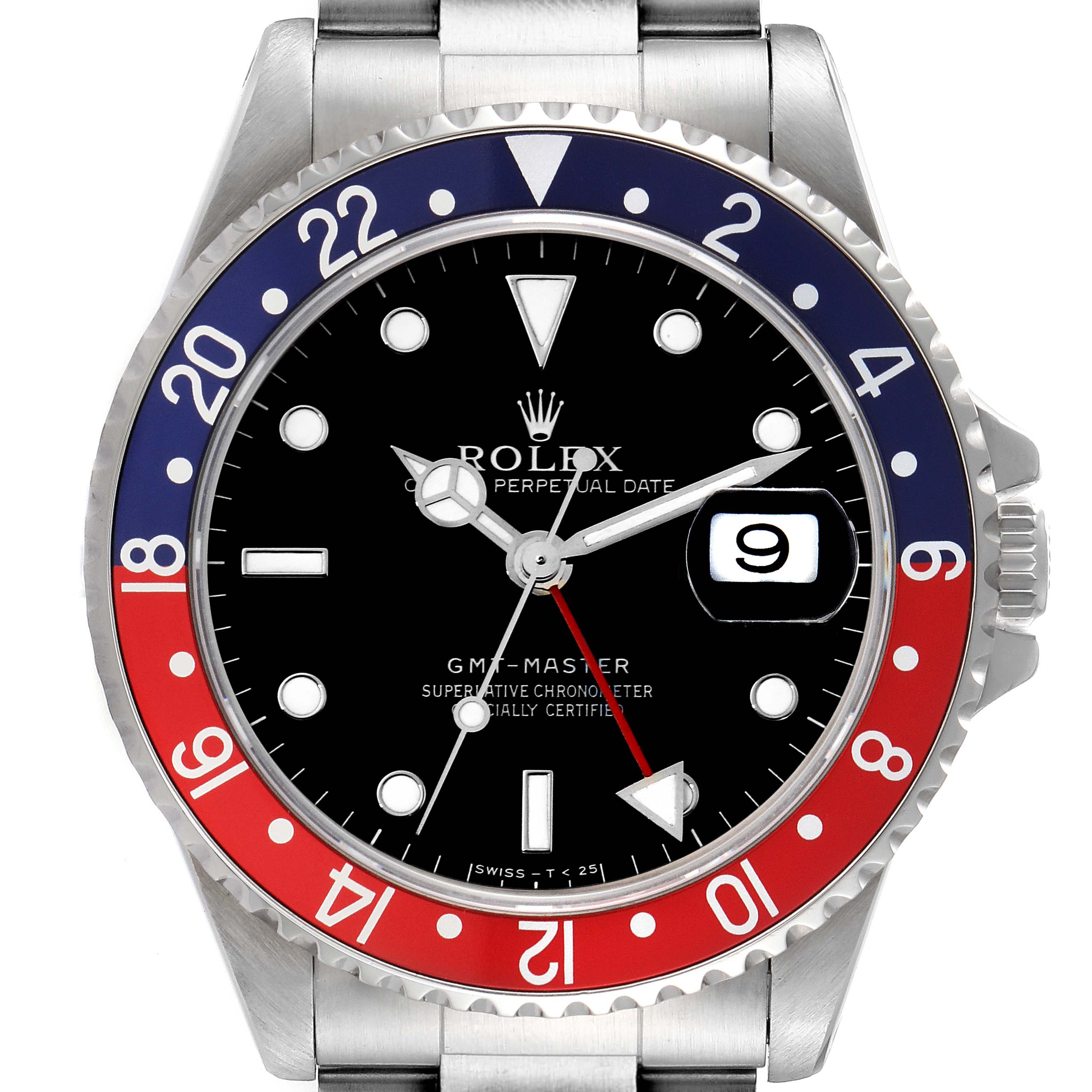 The Rolex GMT-Master 16700 Men
s Stainless Steel Black Dial 16700 Men
s Stainless Steel Black Dial watch is shown from a front angle, highlighting the dial, bezel, and bracelet.