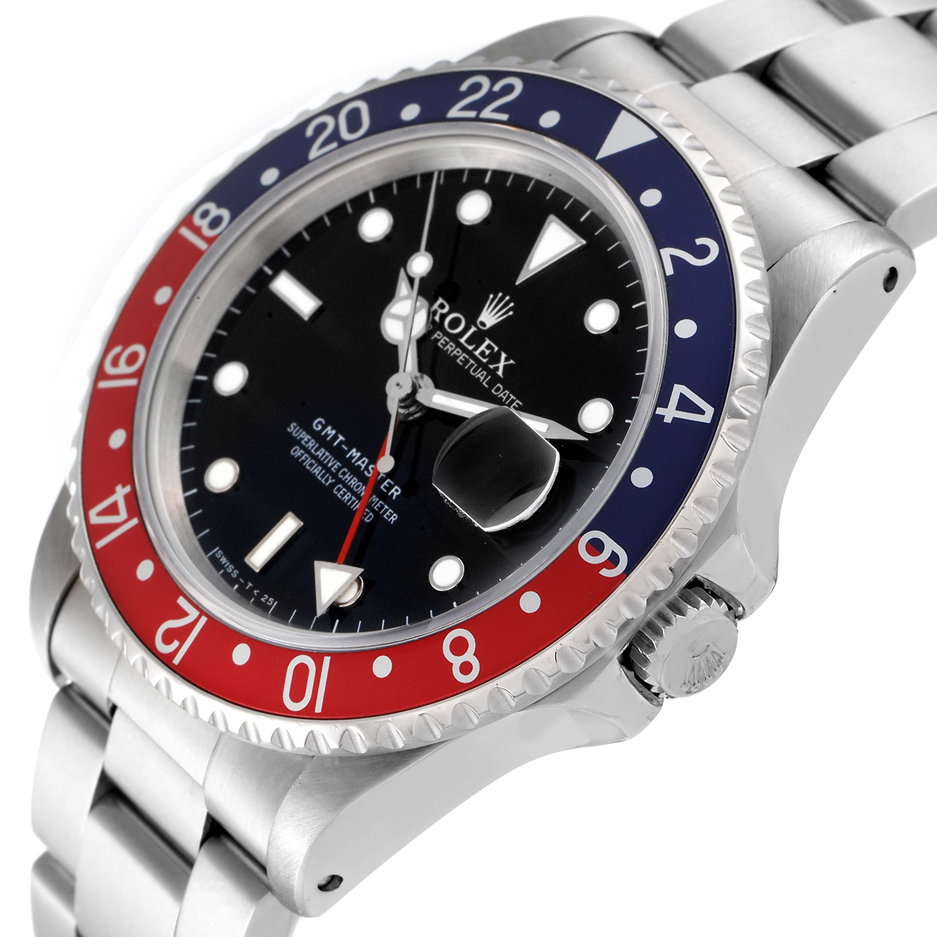 This image shows a close-up angle of a Rolex GMT-Master 16700 Men
s Stainless Steel Black Dial 16700 Men
s Stainless Steel Black Dial watch, highlighting its bezel, dial, and bracelet.