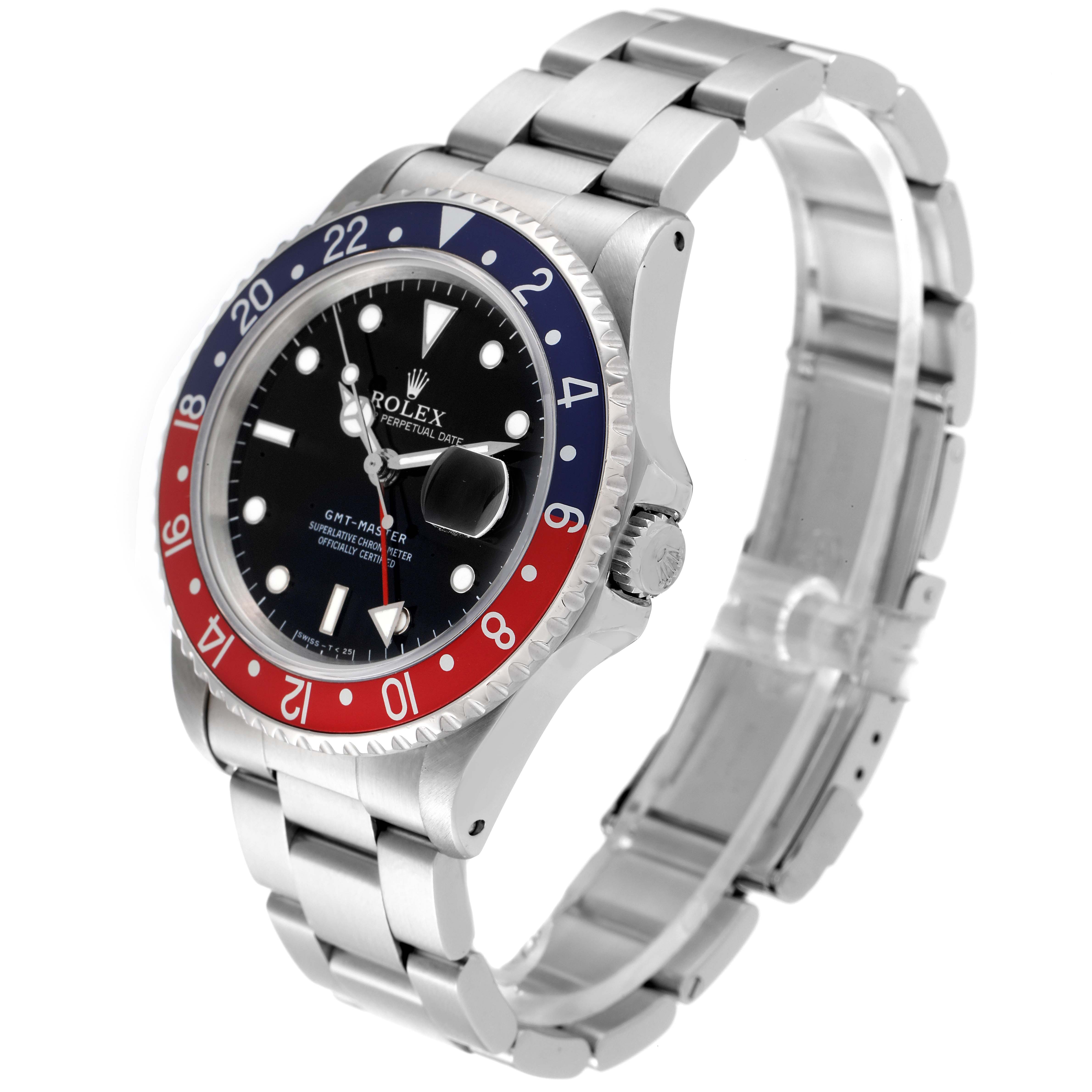 The image shows a side-angle view of a Rolex GMT-Master 16700 Men
s Stainless Steel Black Dial 16700 Men
s Stainless Steel Black Dial watch, highlighting its bezel, dial, and bracelet.
