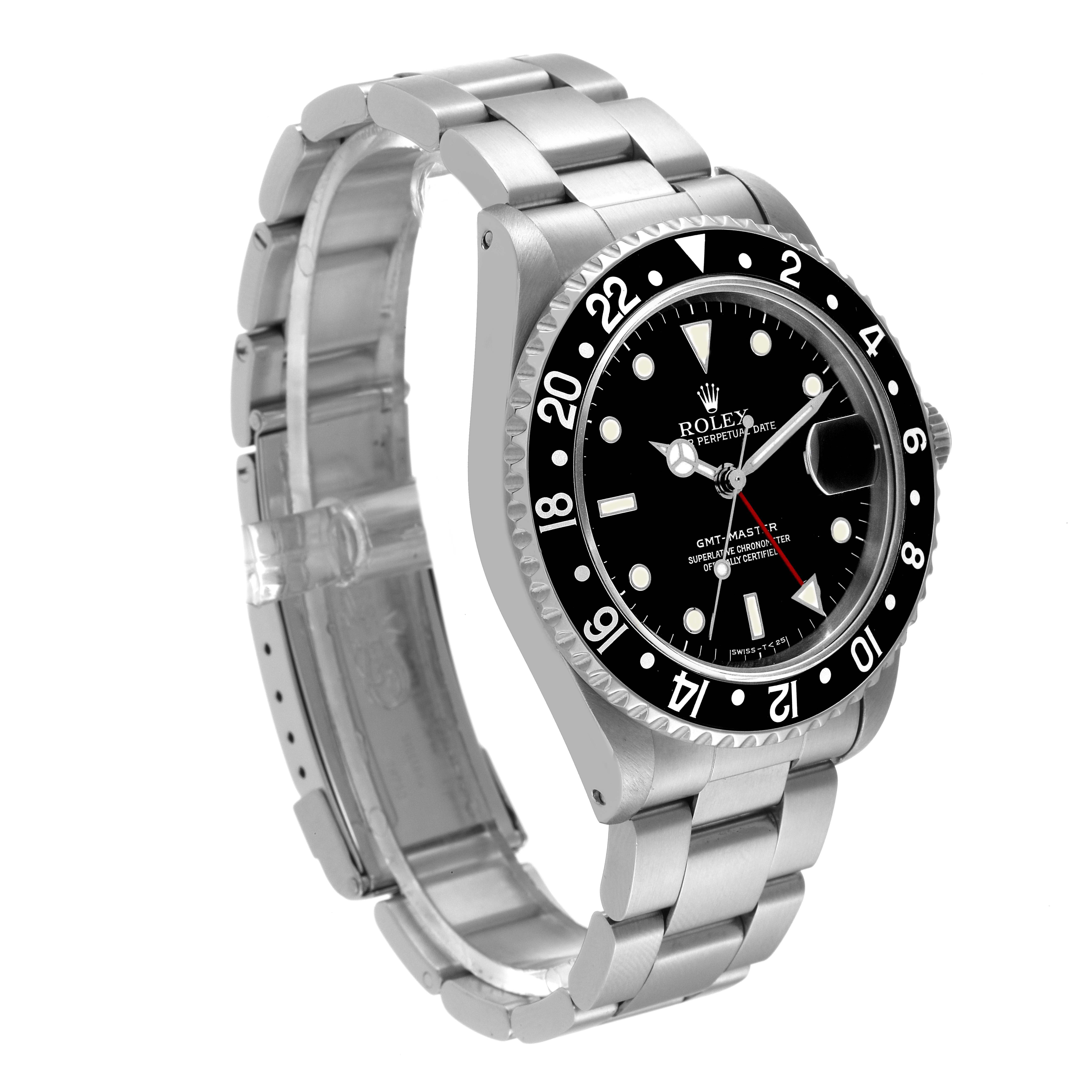 The image shows a side angle of the Rolex GMT-Master 16700 Men's Stainless Steel Black Dial 16700 Men's Stainless Steel Black Dial watch, highlighting the bezel, dial, hands, and bracelet.