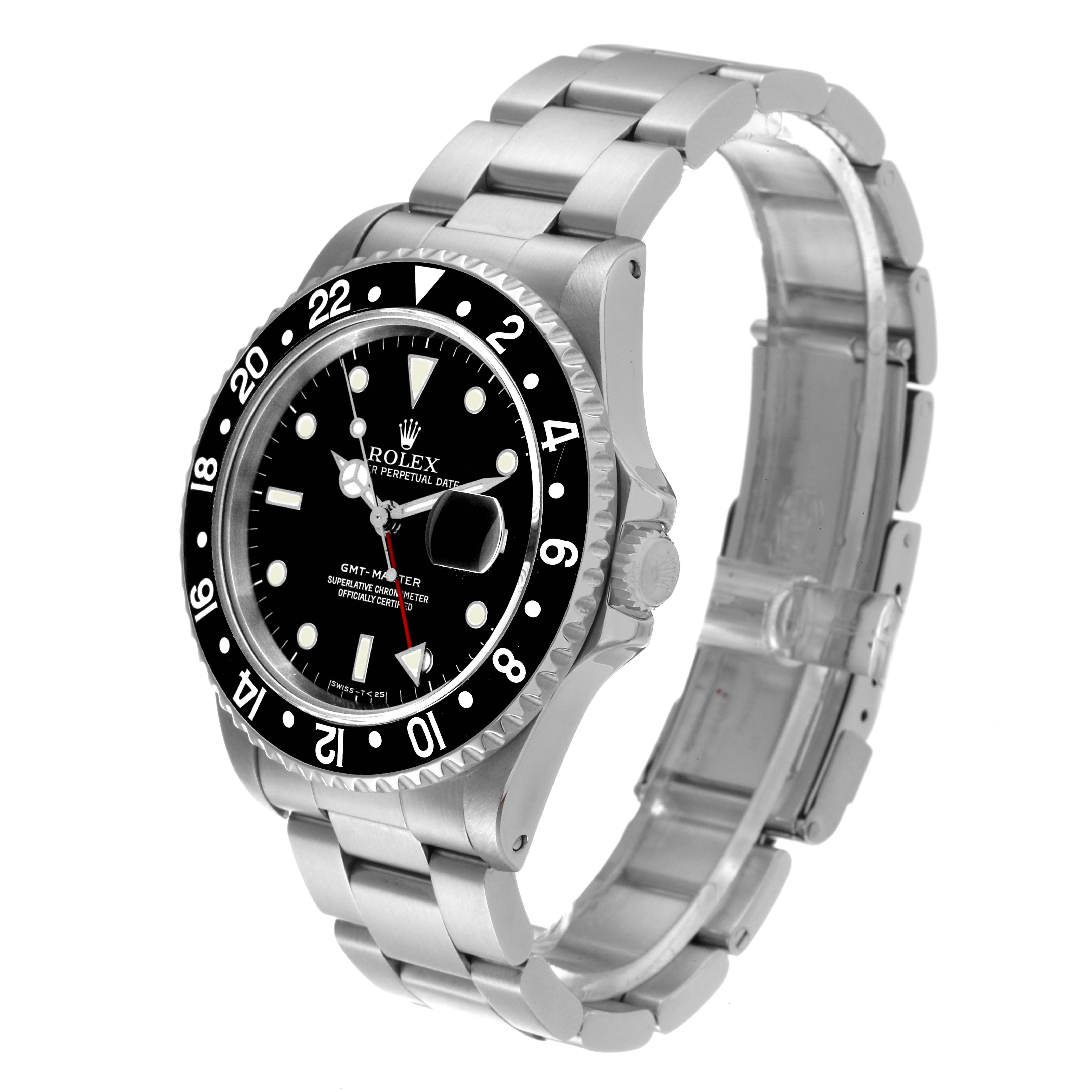 The image shows a side angle of a Rolex GMT-Master 16700 Men's Stainless Steel Black Dial 16700 Men's Stainless Steel Black Dial watch, highlighting the dial, bezel, and bracelet.