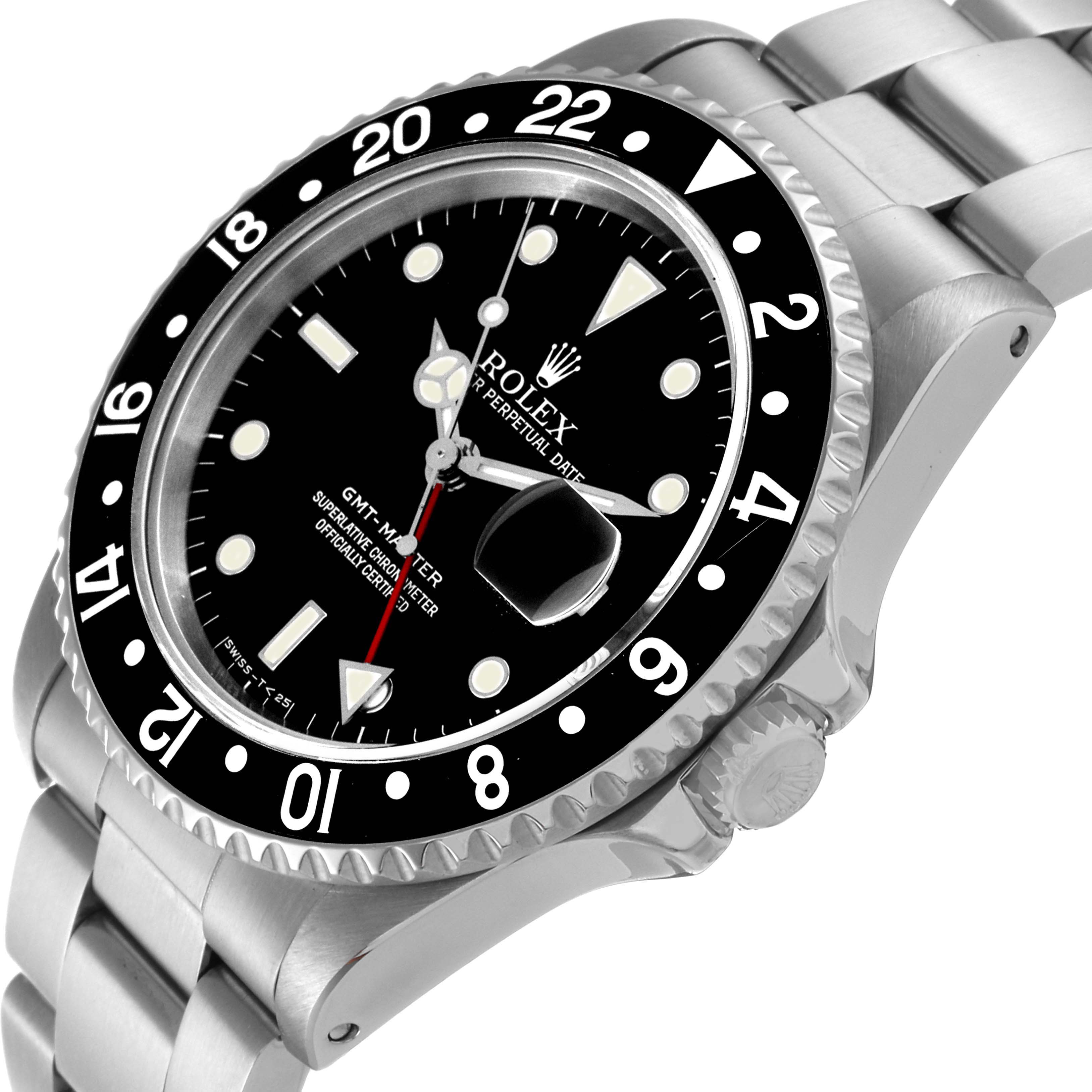 The image shows a side angle of the Rolex GMT-Master 16700 Men's Stainless Steel Black Dial 16700 Men's Stainless Steel Black Dial watch, highlighting the bezel, dial, bracelet, and crown.